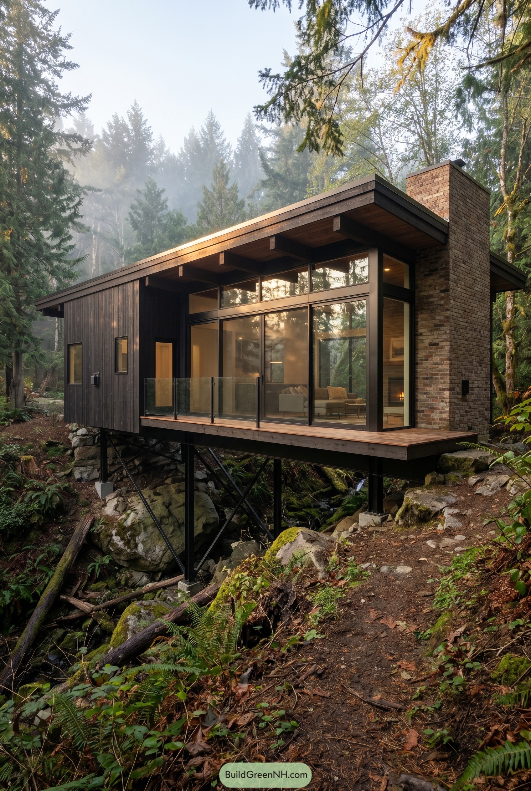Elevated forest cabin with glass walls and brick chimney