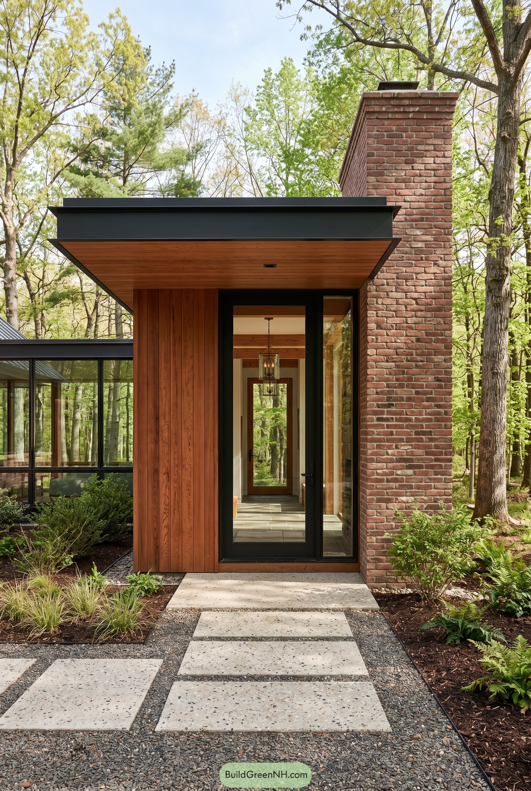 Modern wood entry with brick chimney