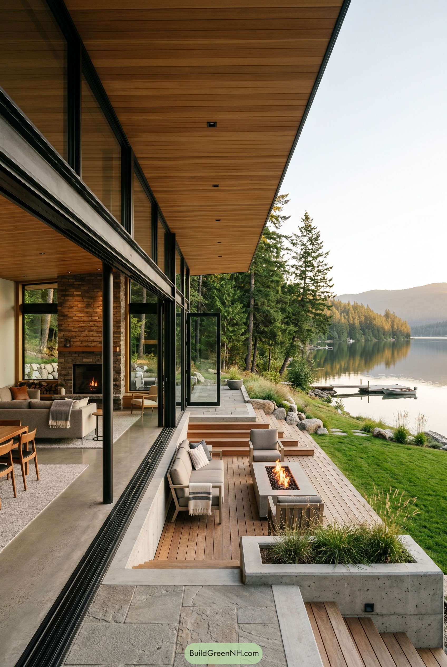 Modern lakeside home with a broad wood soffit