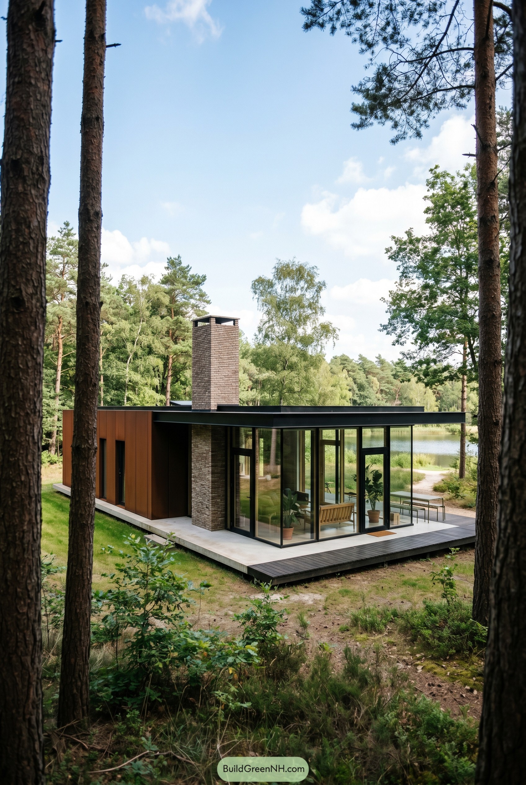 Modern glass woodland home with brick chimney