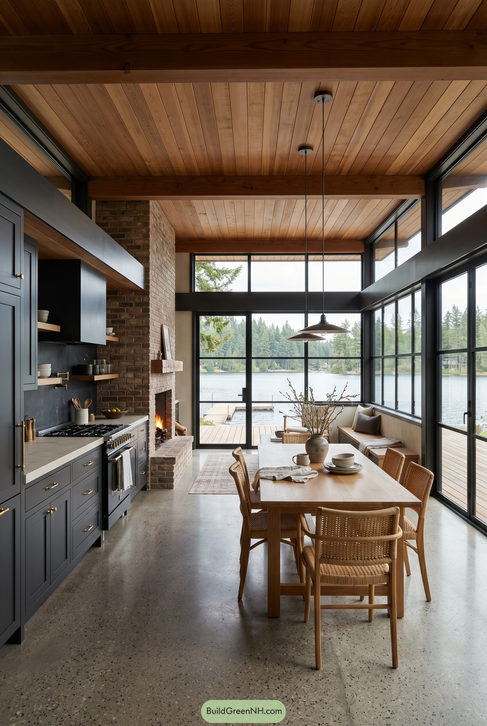 Lakefront kitchen with wood ceiling and brick fireplace