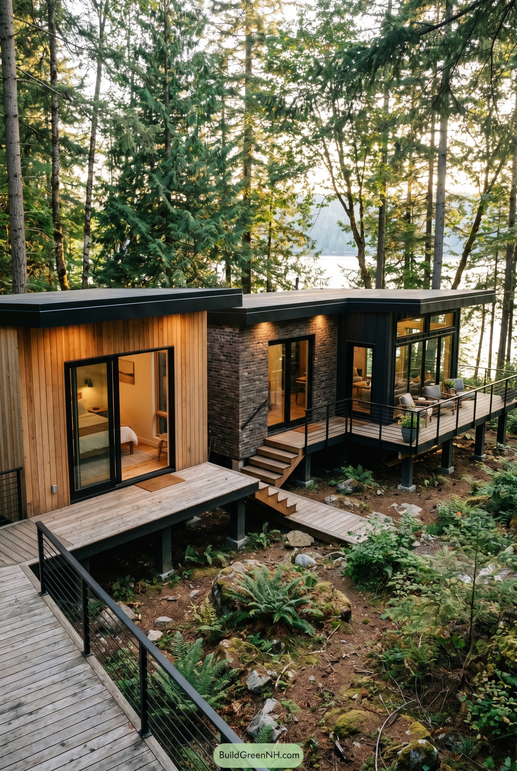 Modern cedar and brick lake house in forest
