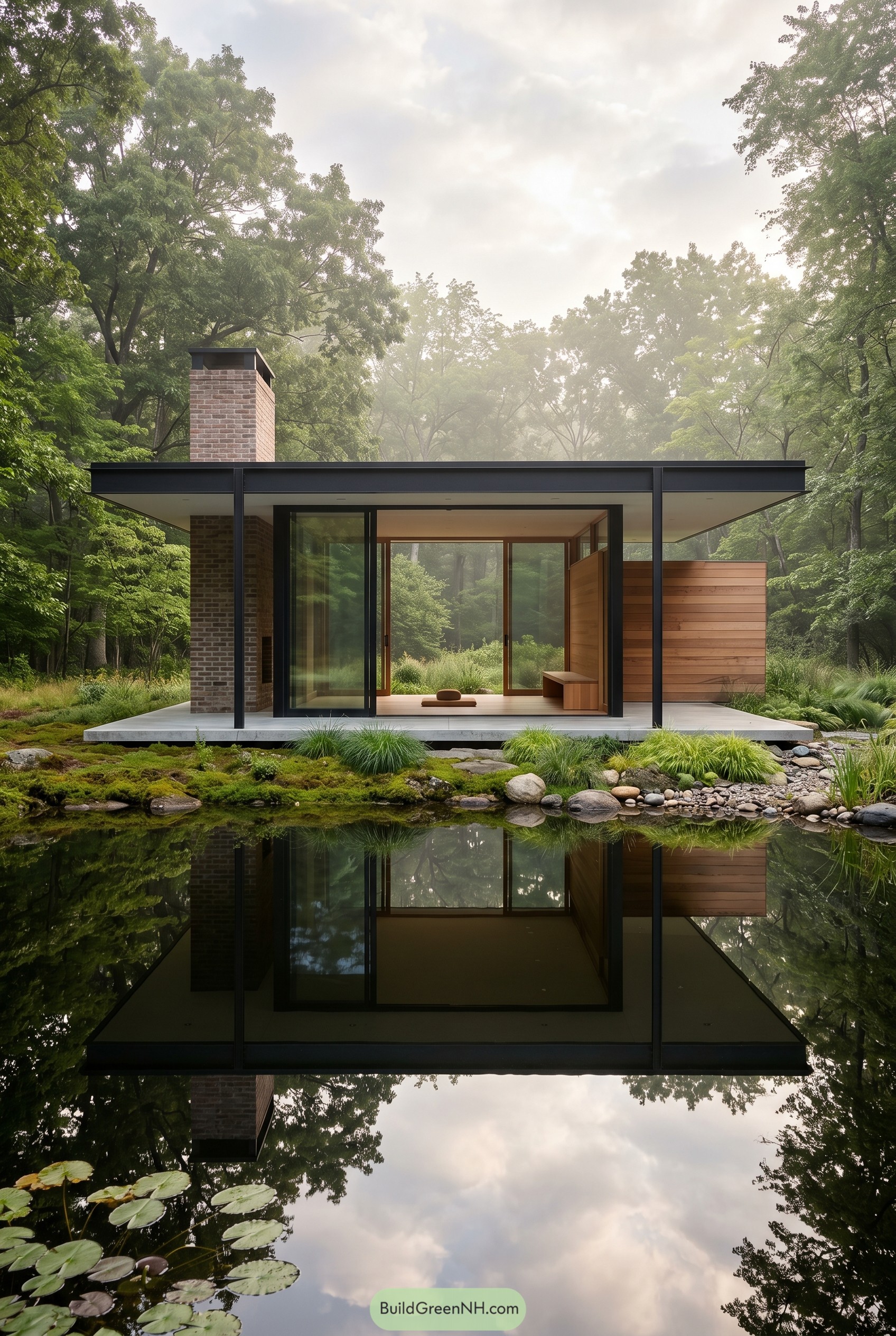 Modern glass bungalow beside a forest pond
