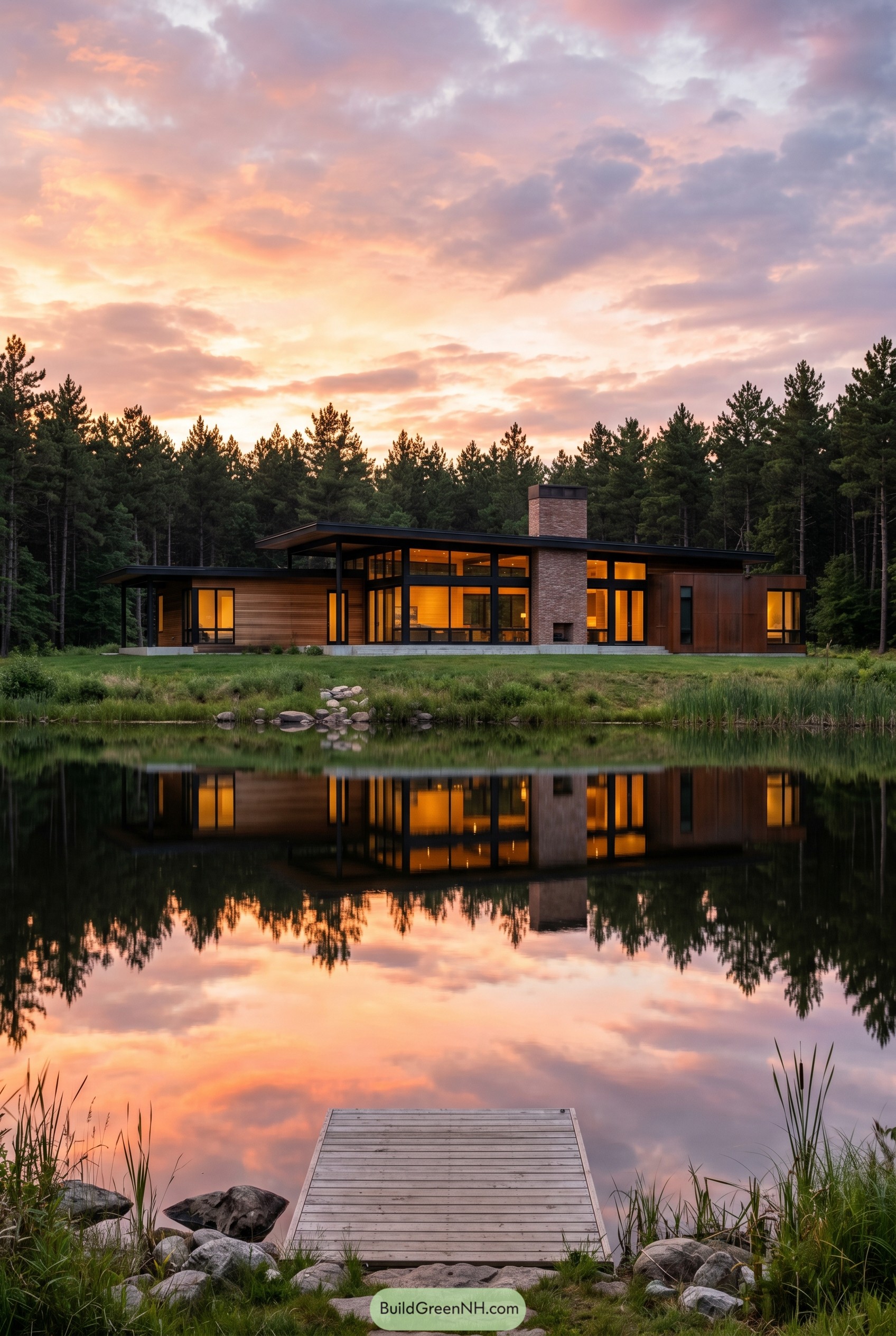 Modern lakeside home with wood glass and brick
