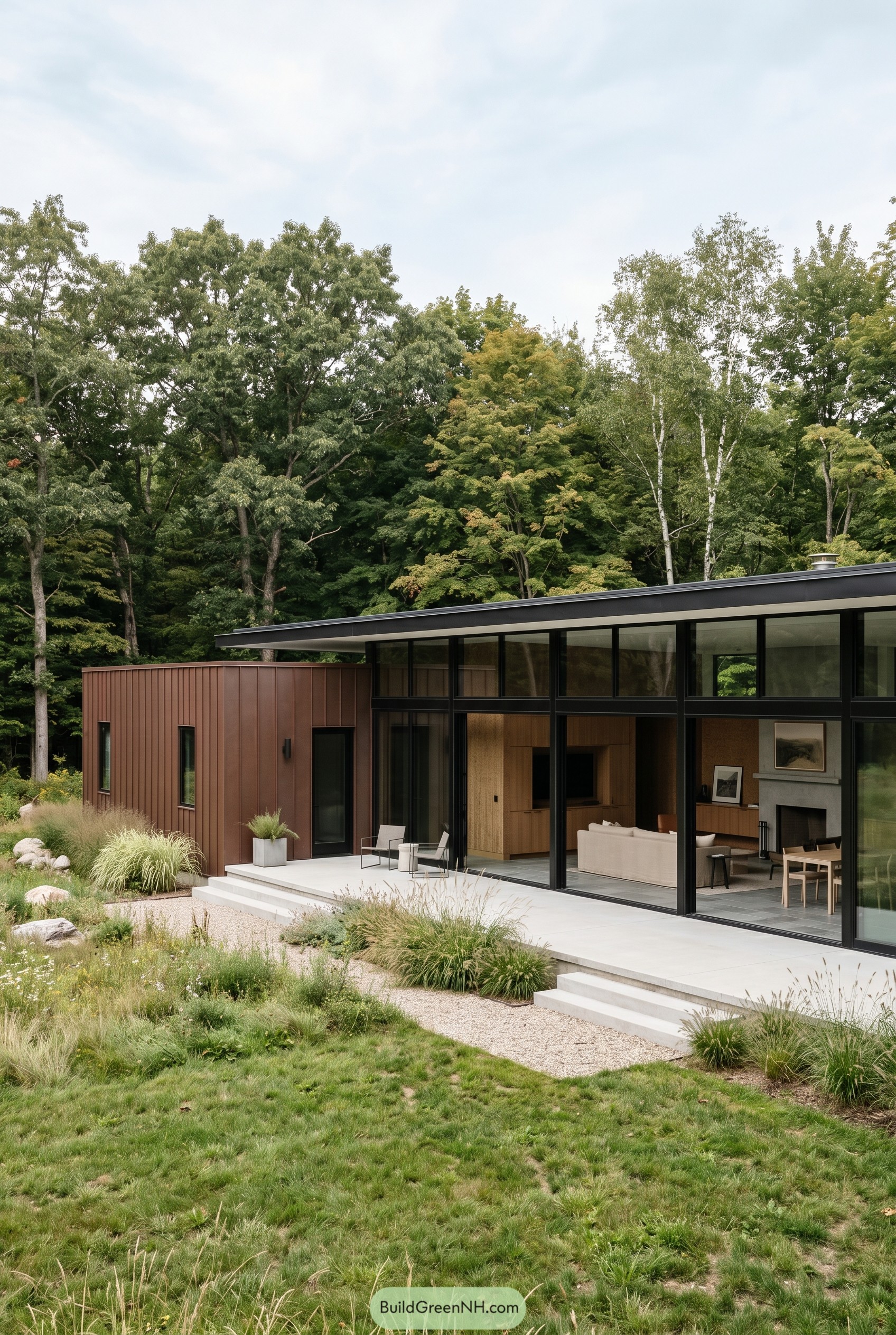 Modern glass and copper house in woods
