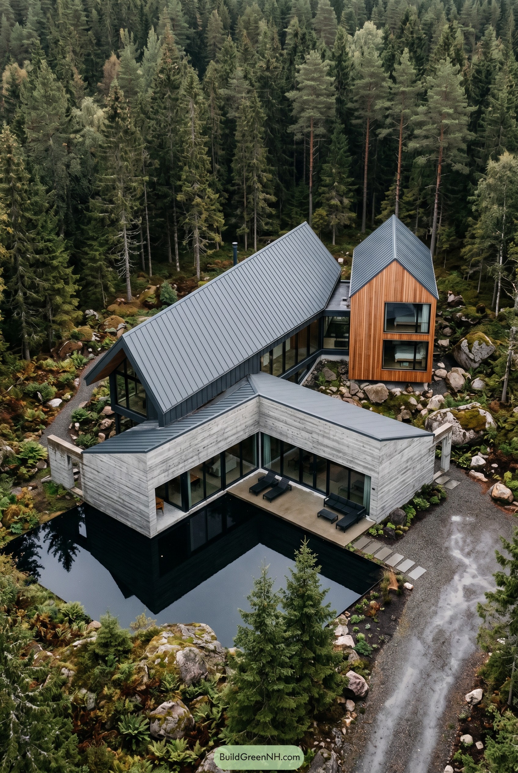 Modern forest house with concrete wood and metal volumes