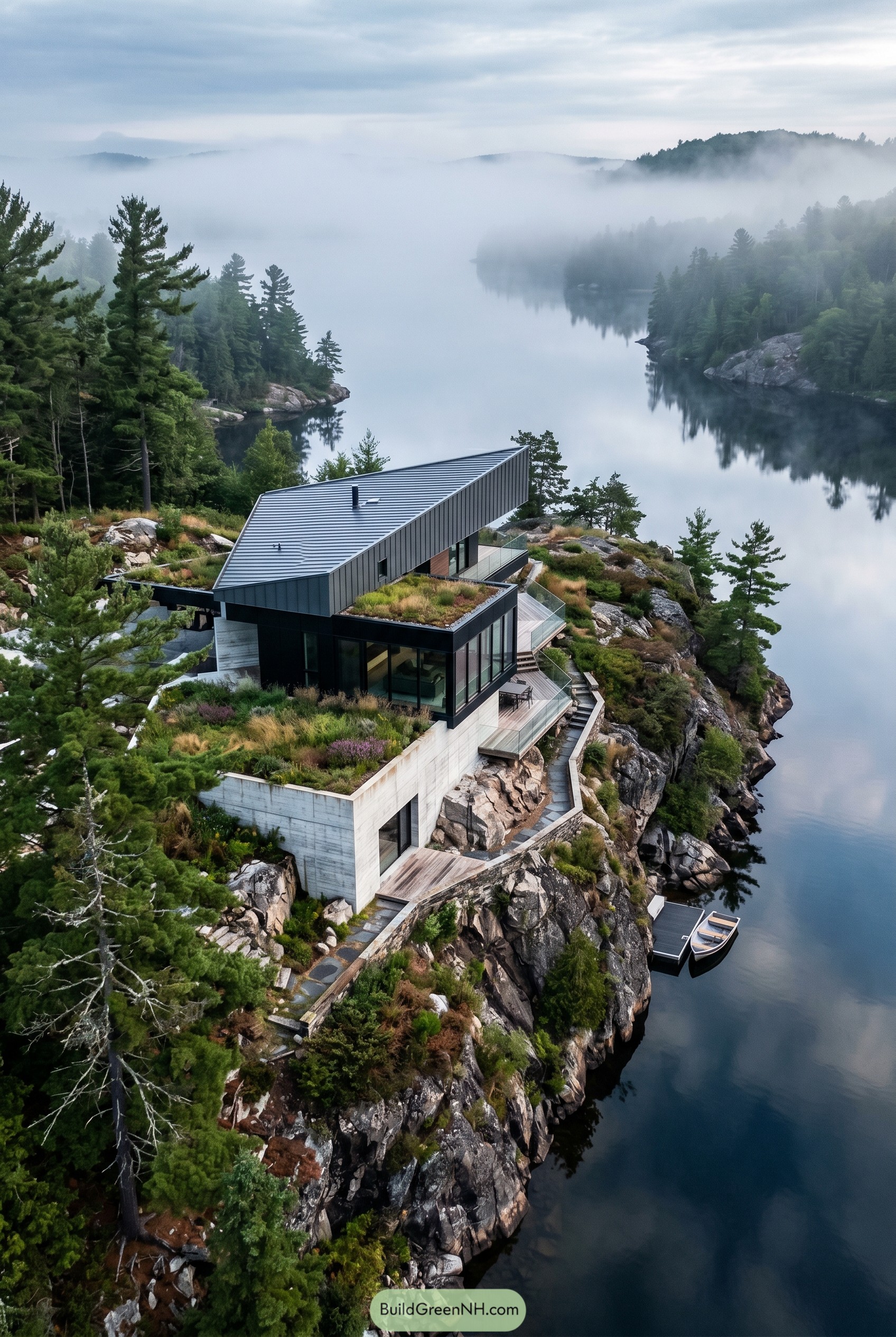 Modern cliffside lake house overlooking a misty forested lake