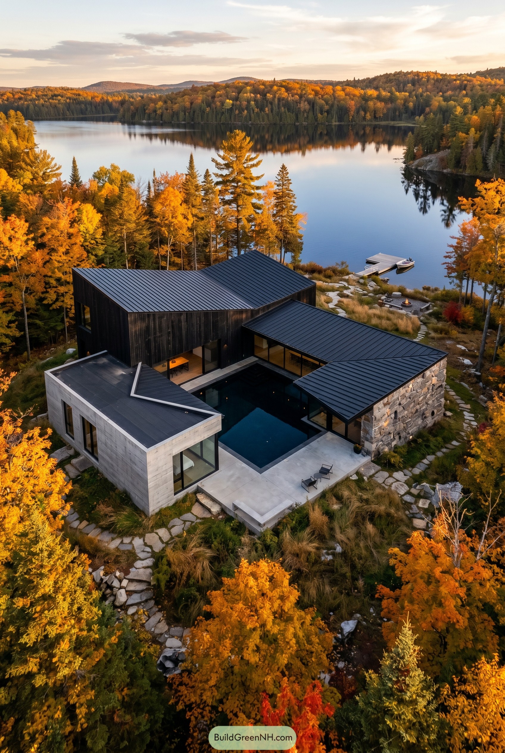 Modern lakeside home with black metal roofs