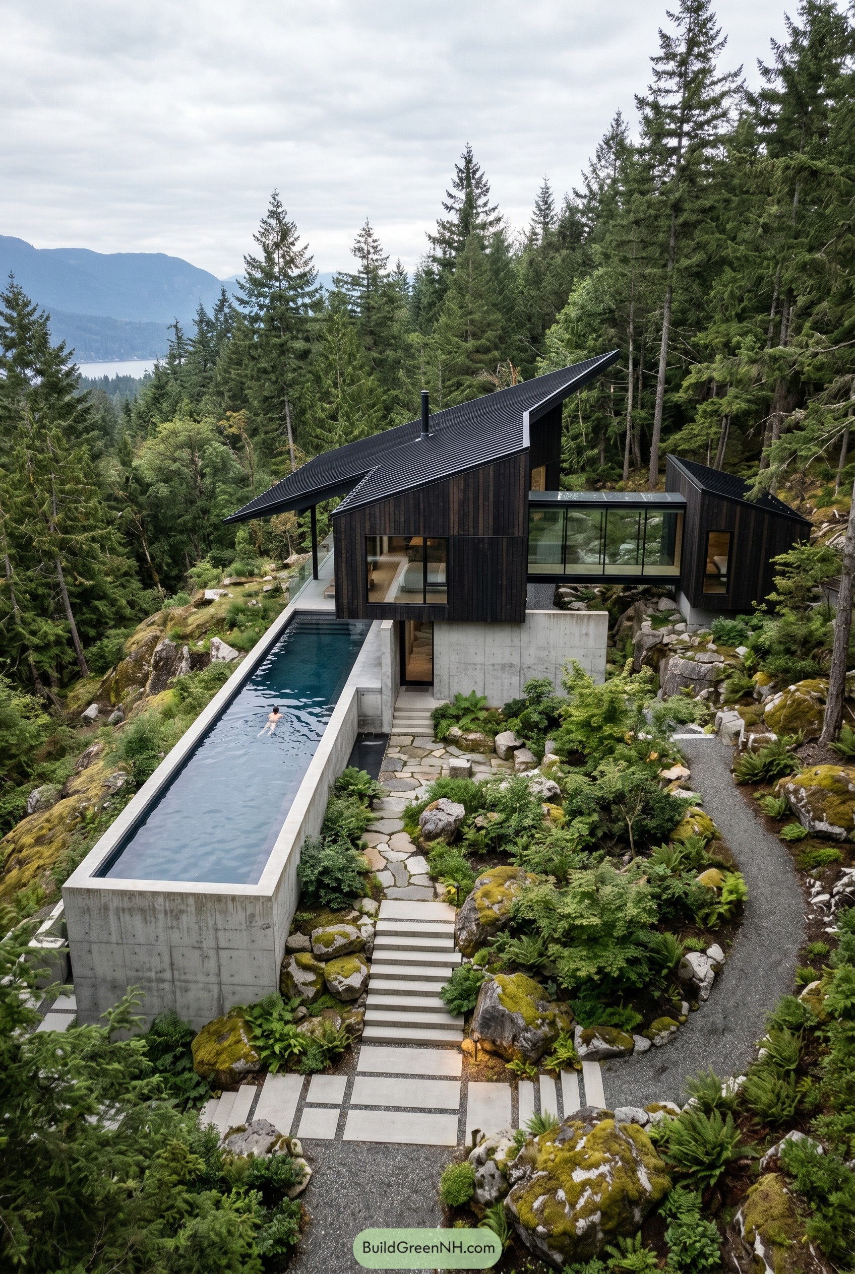Black timber house with concrete pool in forest