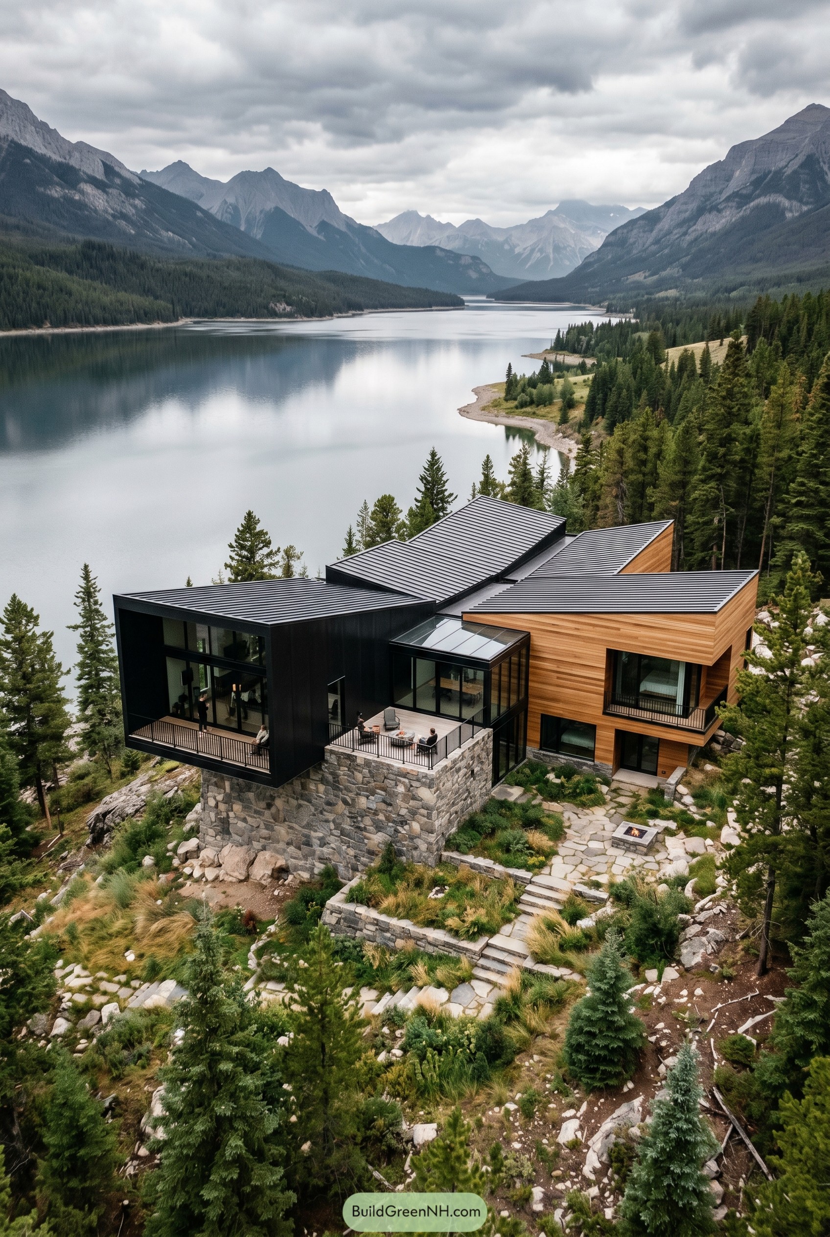 Modern black and cedar house above a mountain lake