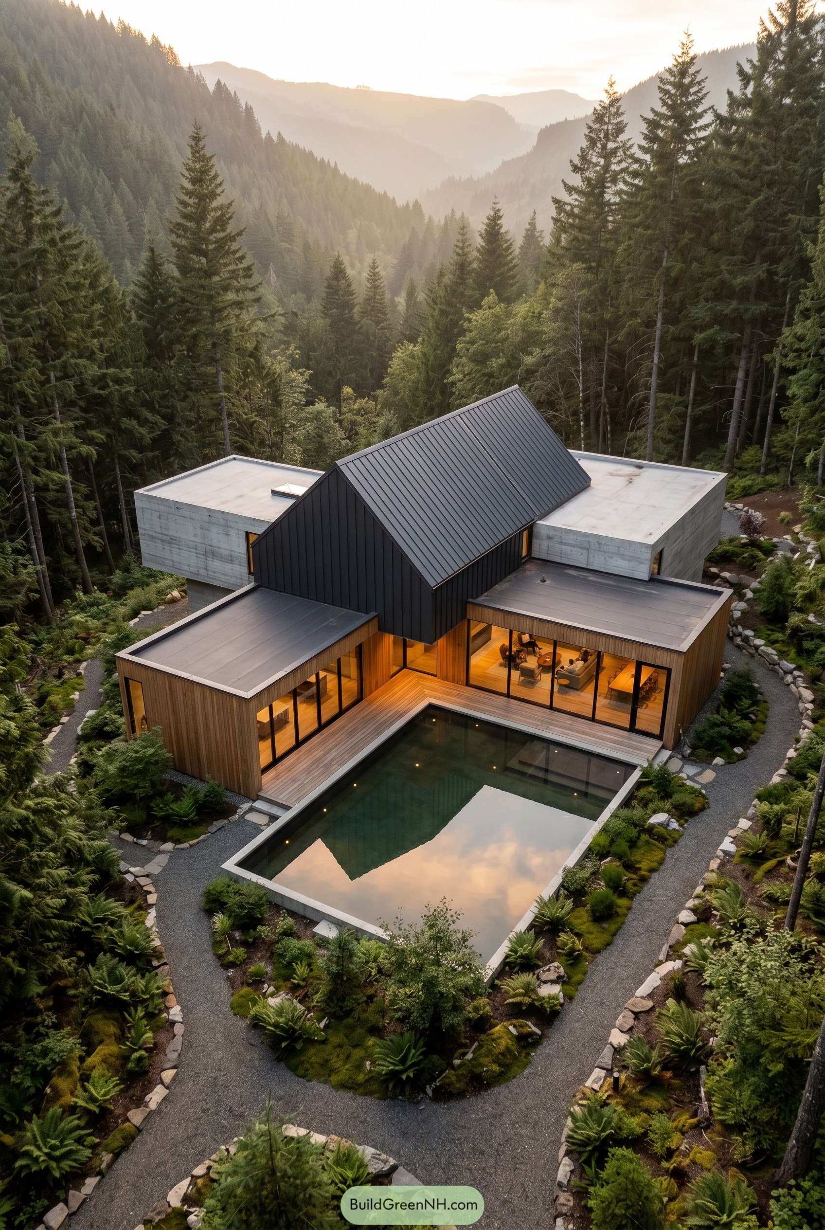 Modern forest house with concrete wood and black metal volumes around a pool
