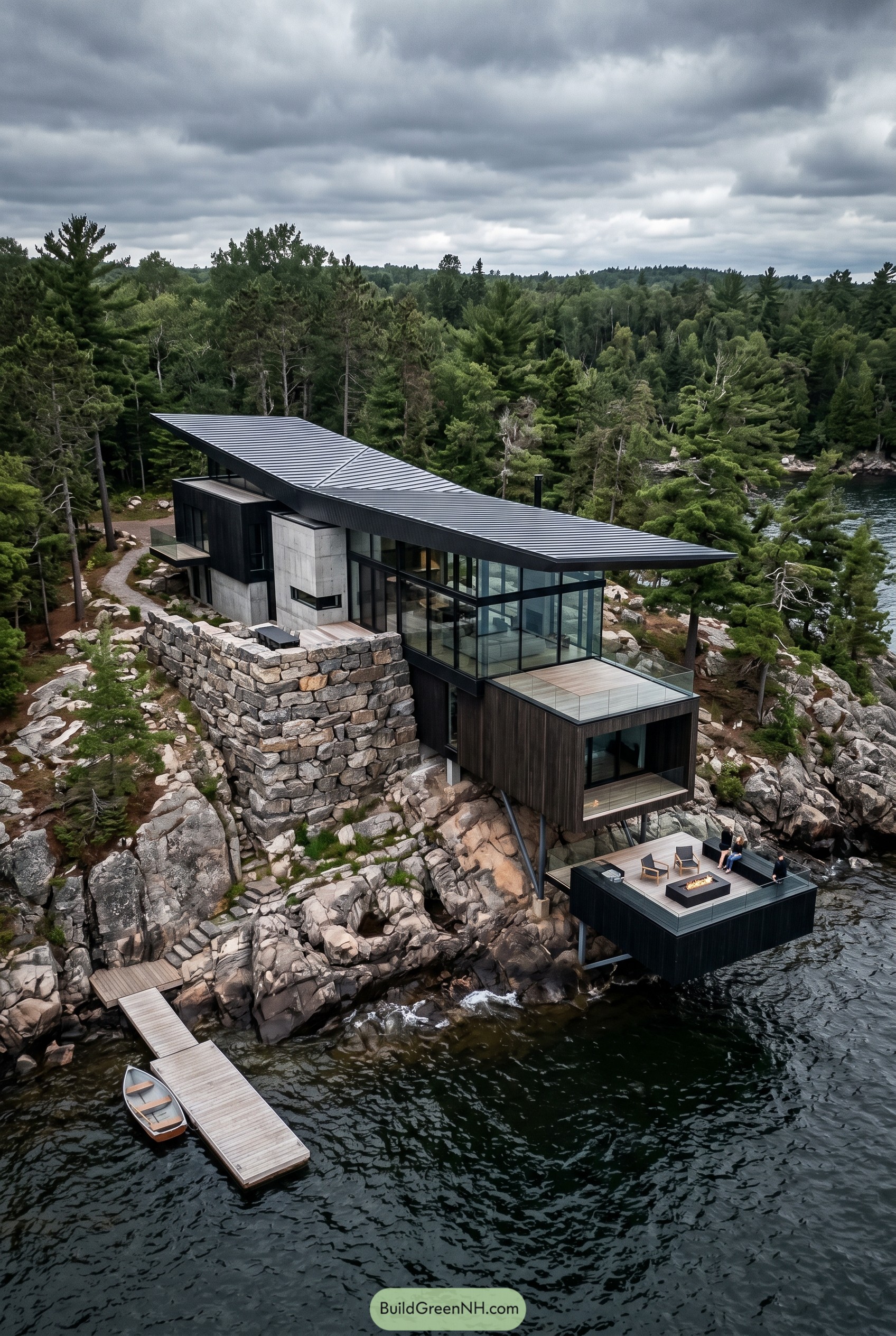 Modern lakeside house on rocky forest shore