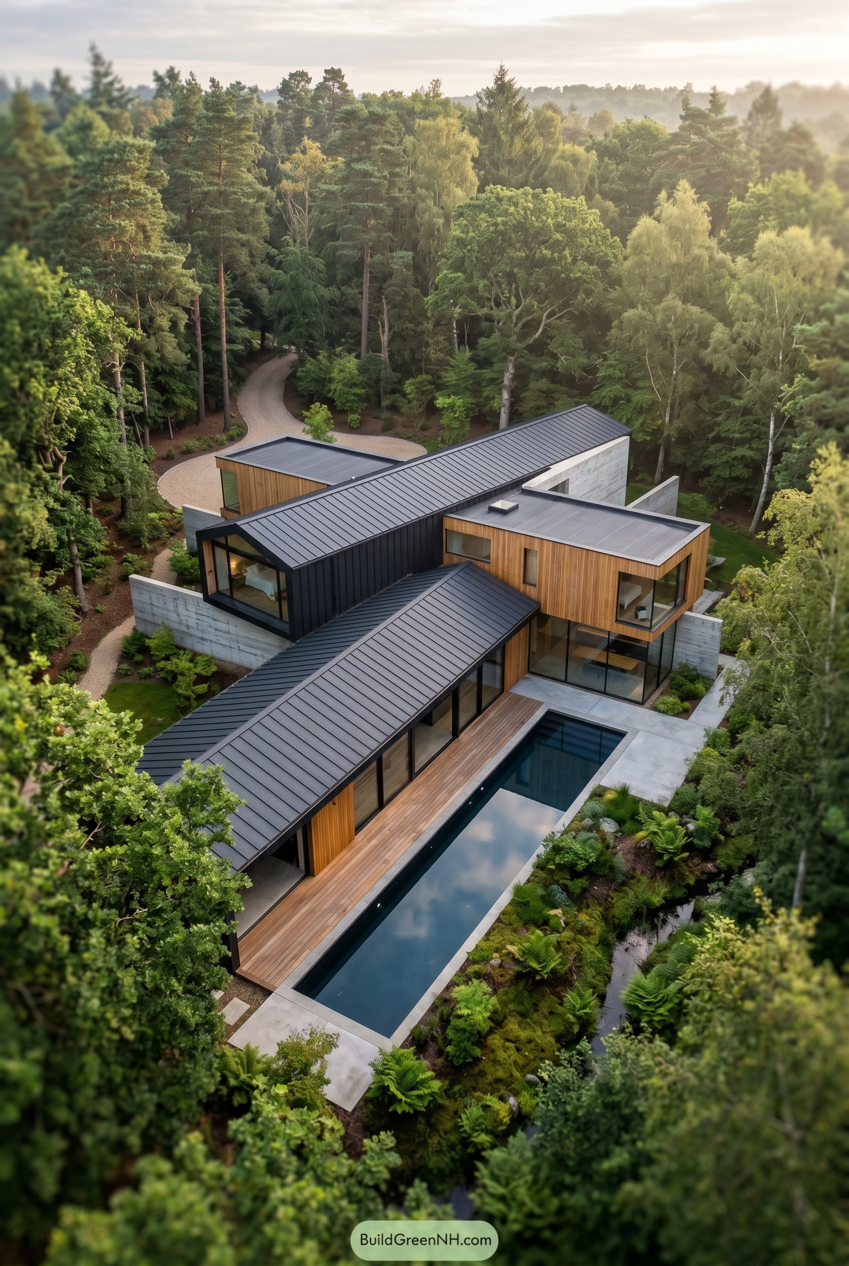 Aerial view of modern forest villa with pool