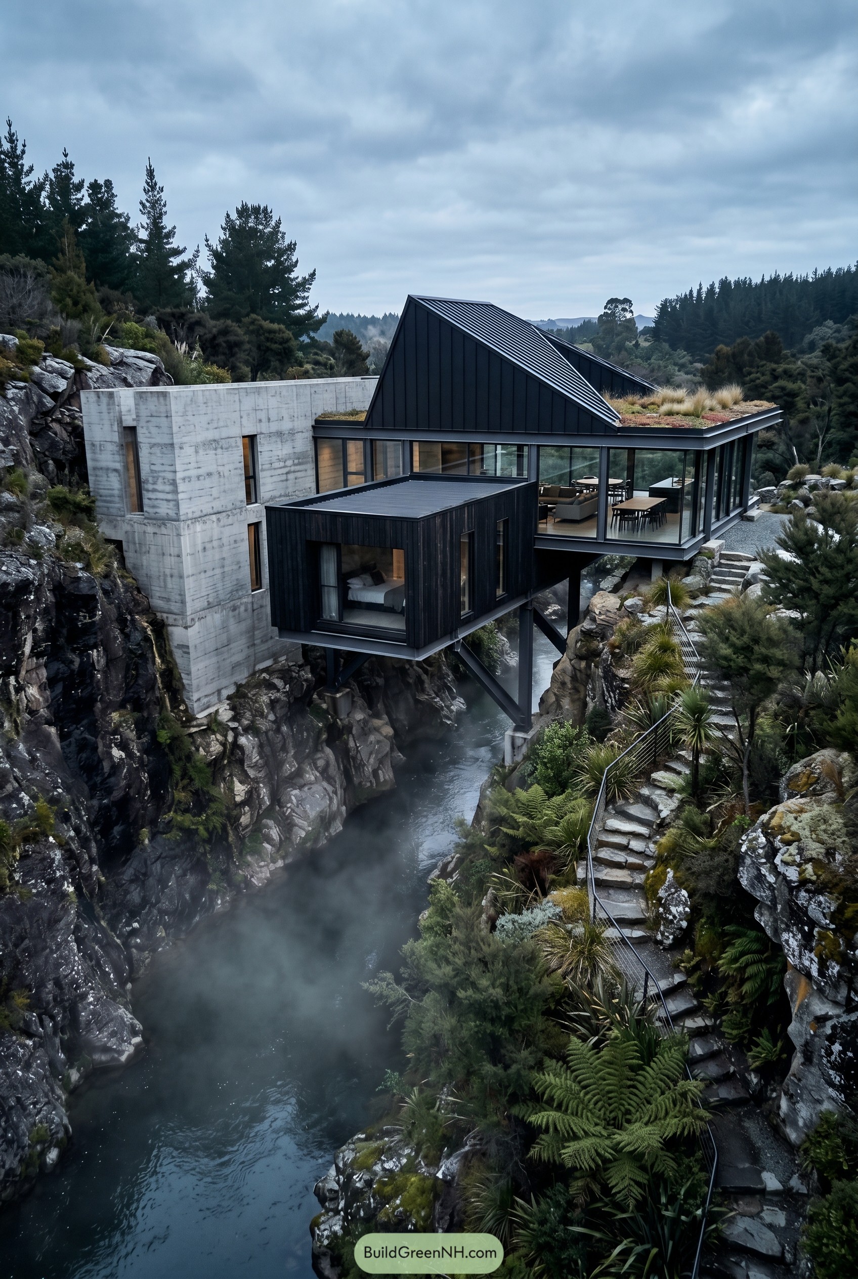 Modern black and concrete house spanning a rocky gorge