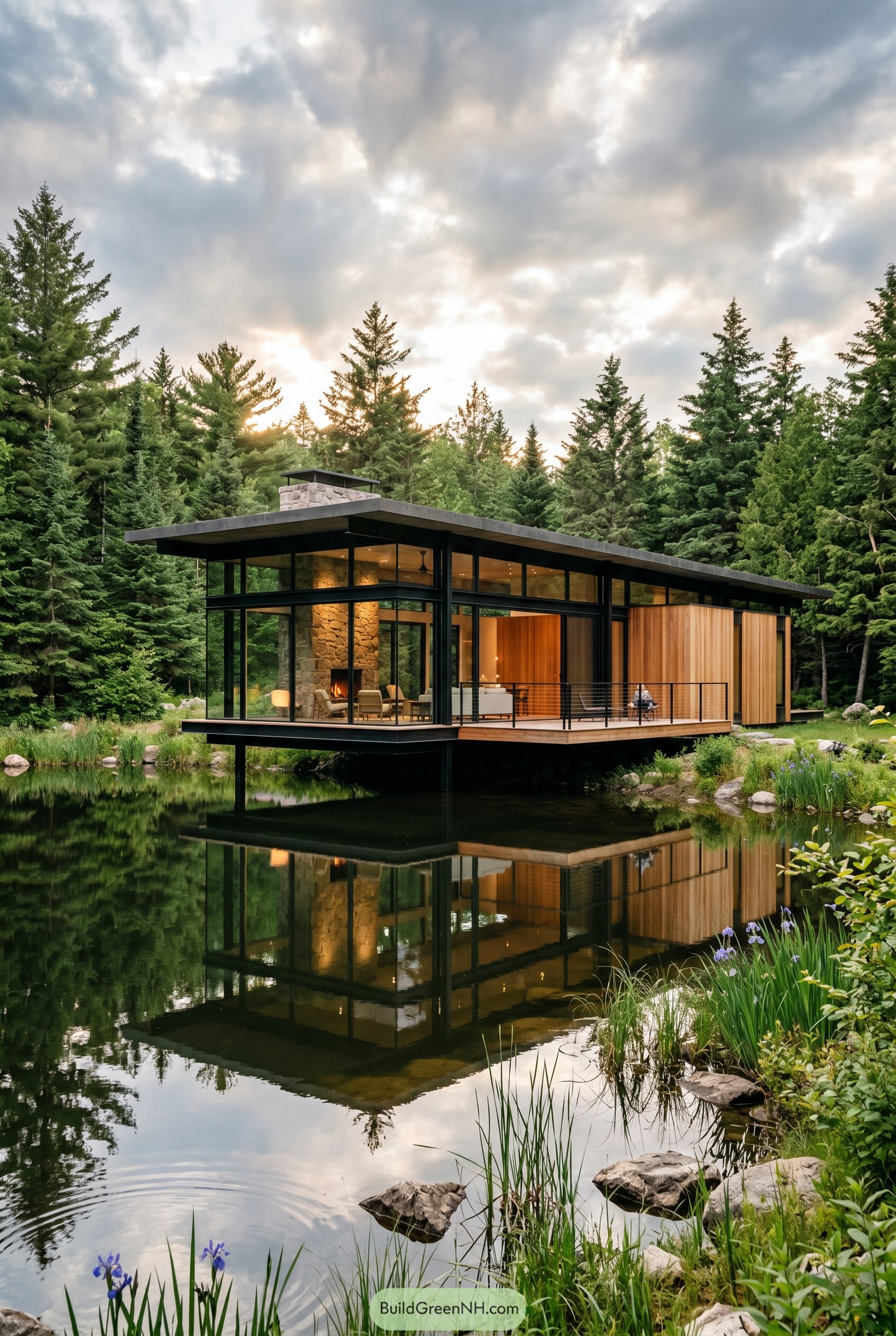 Glass and cedar house perched over a forest pond