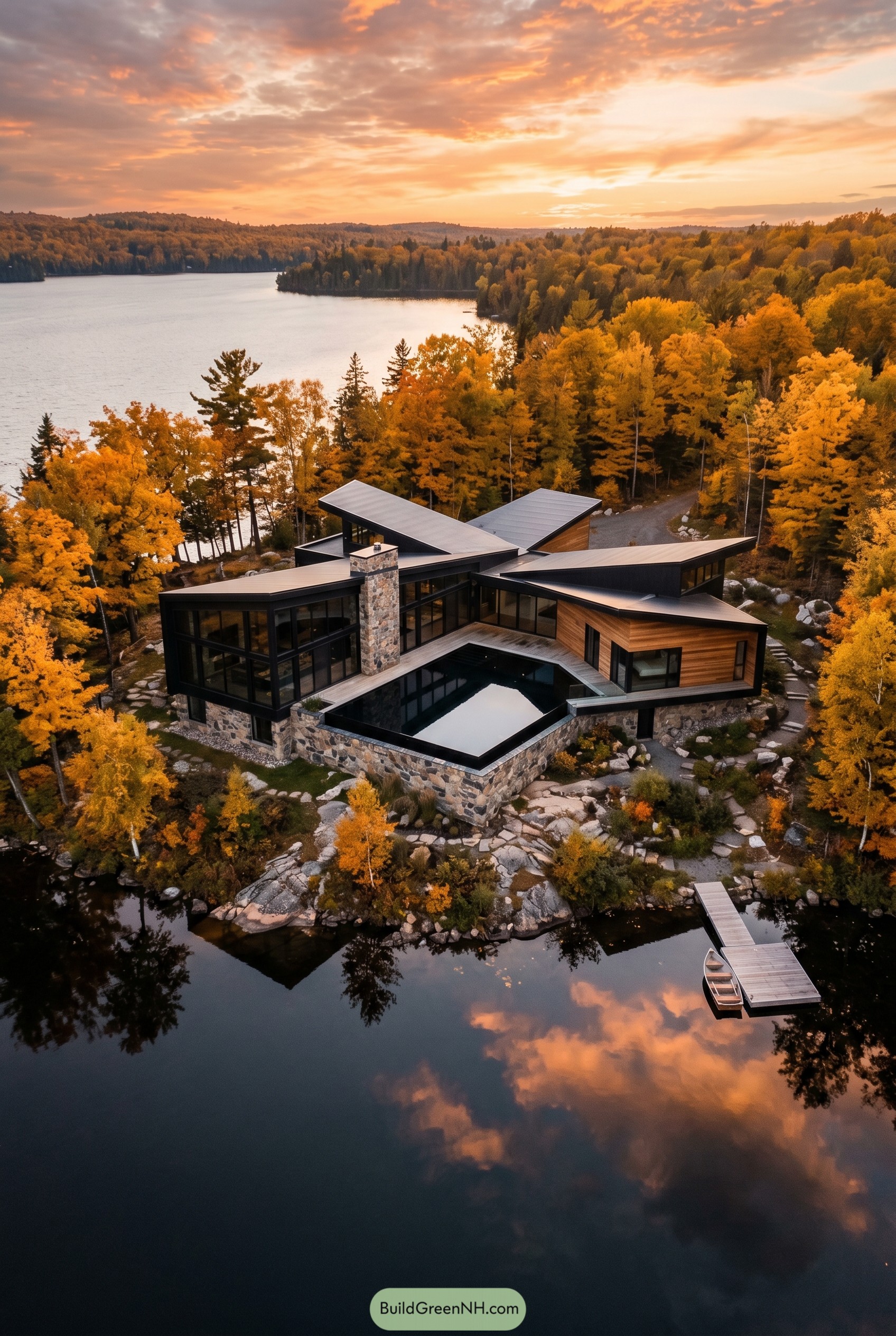 Modern lakeside house among autumn trees