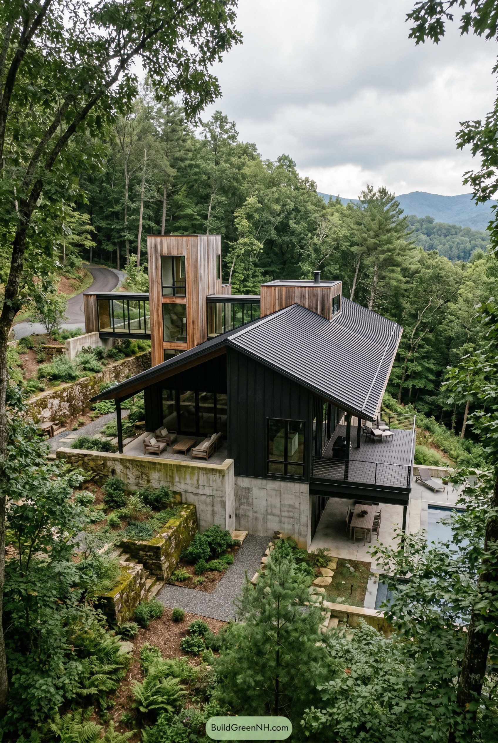 Modern forest house with wood towers and black metal roof