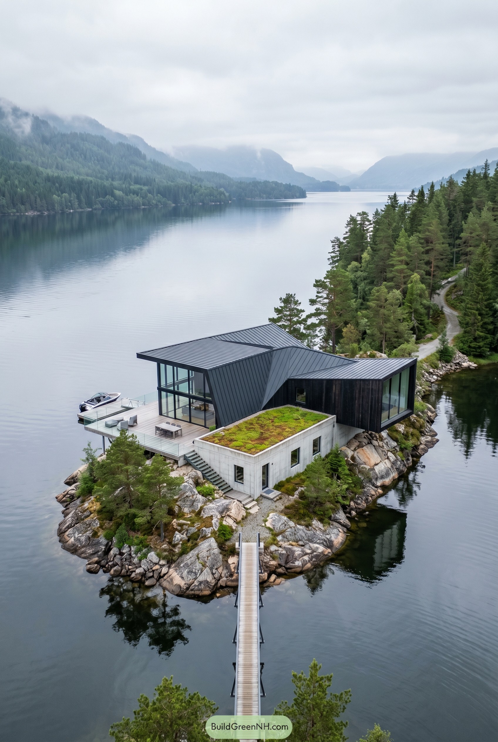 Modern fjord house on rocky islet
