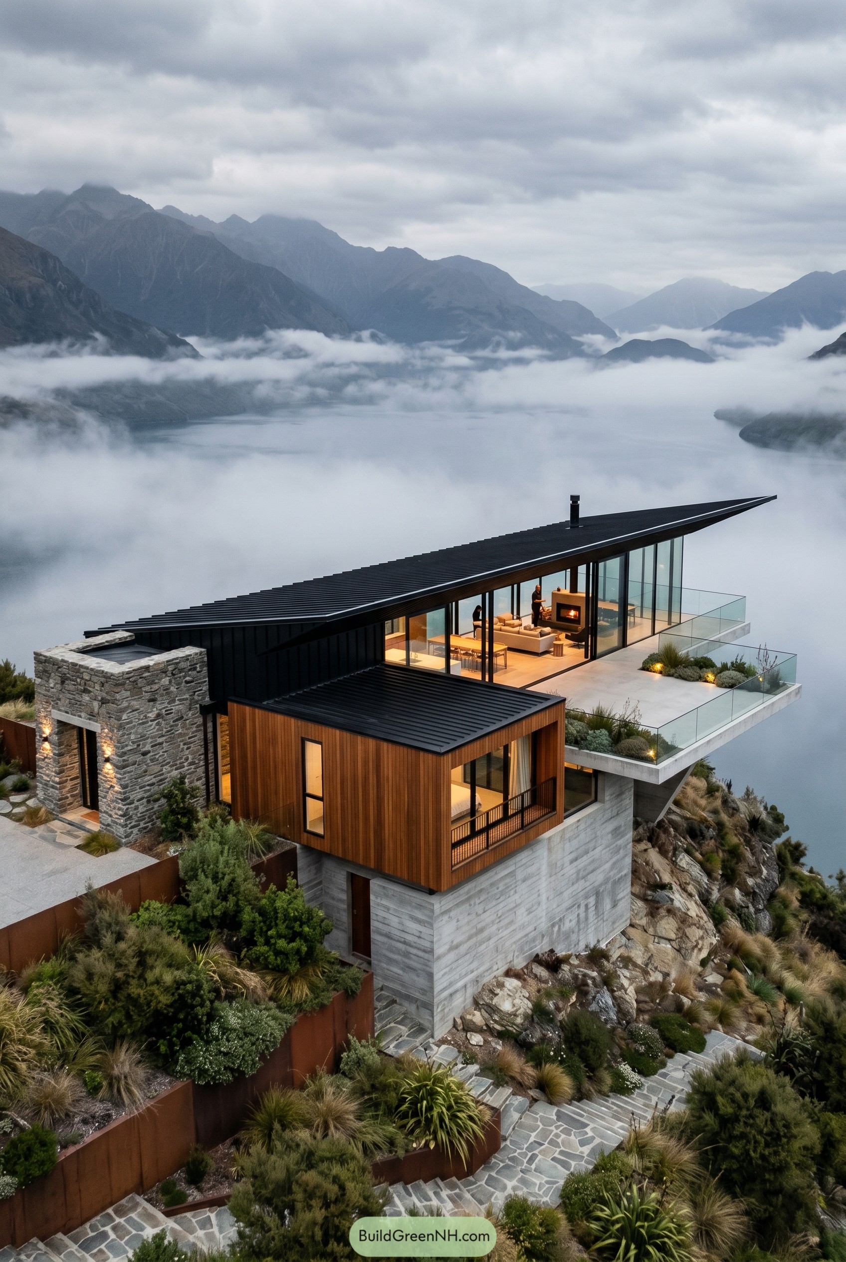 Modern cliffside house overlooking misty mountain lake