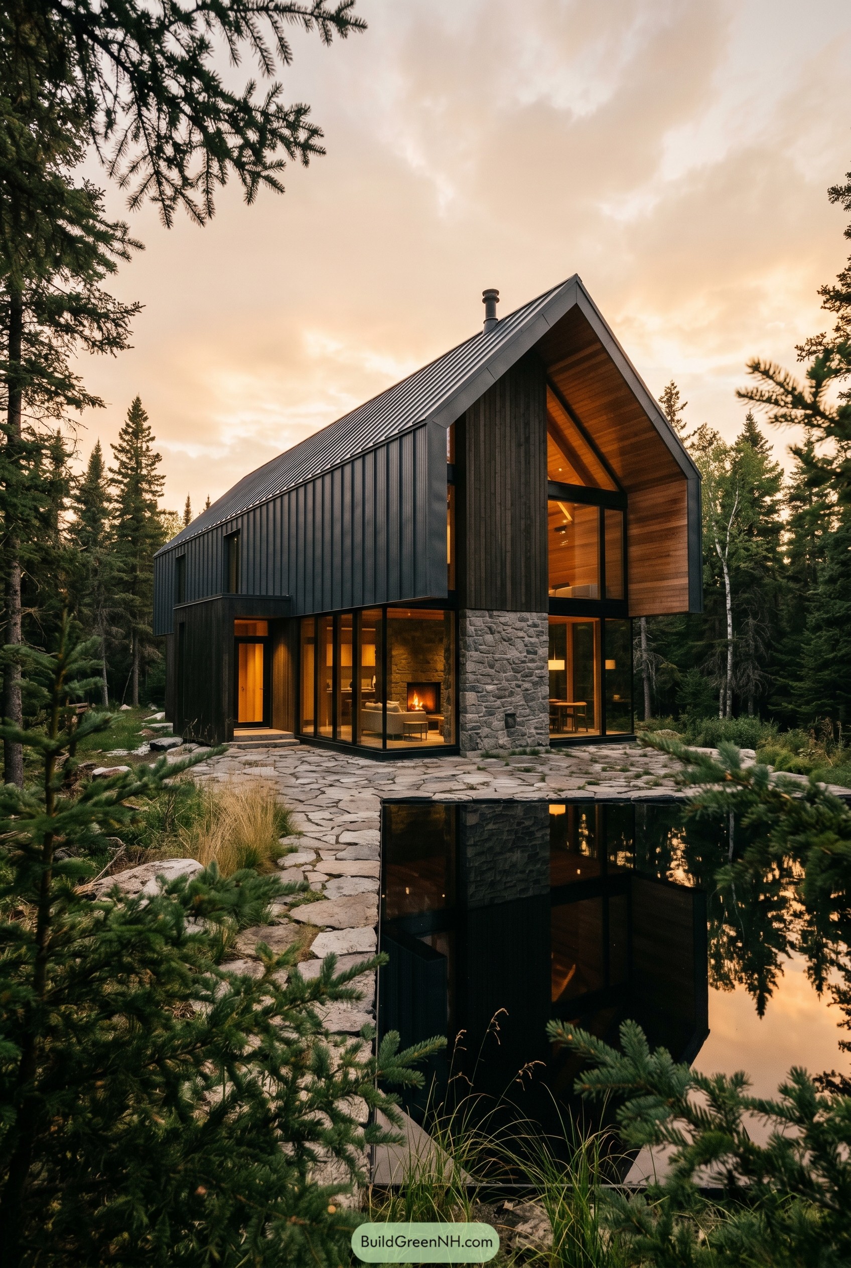 Black gabled forest cabin beside reflecting pond