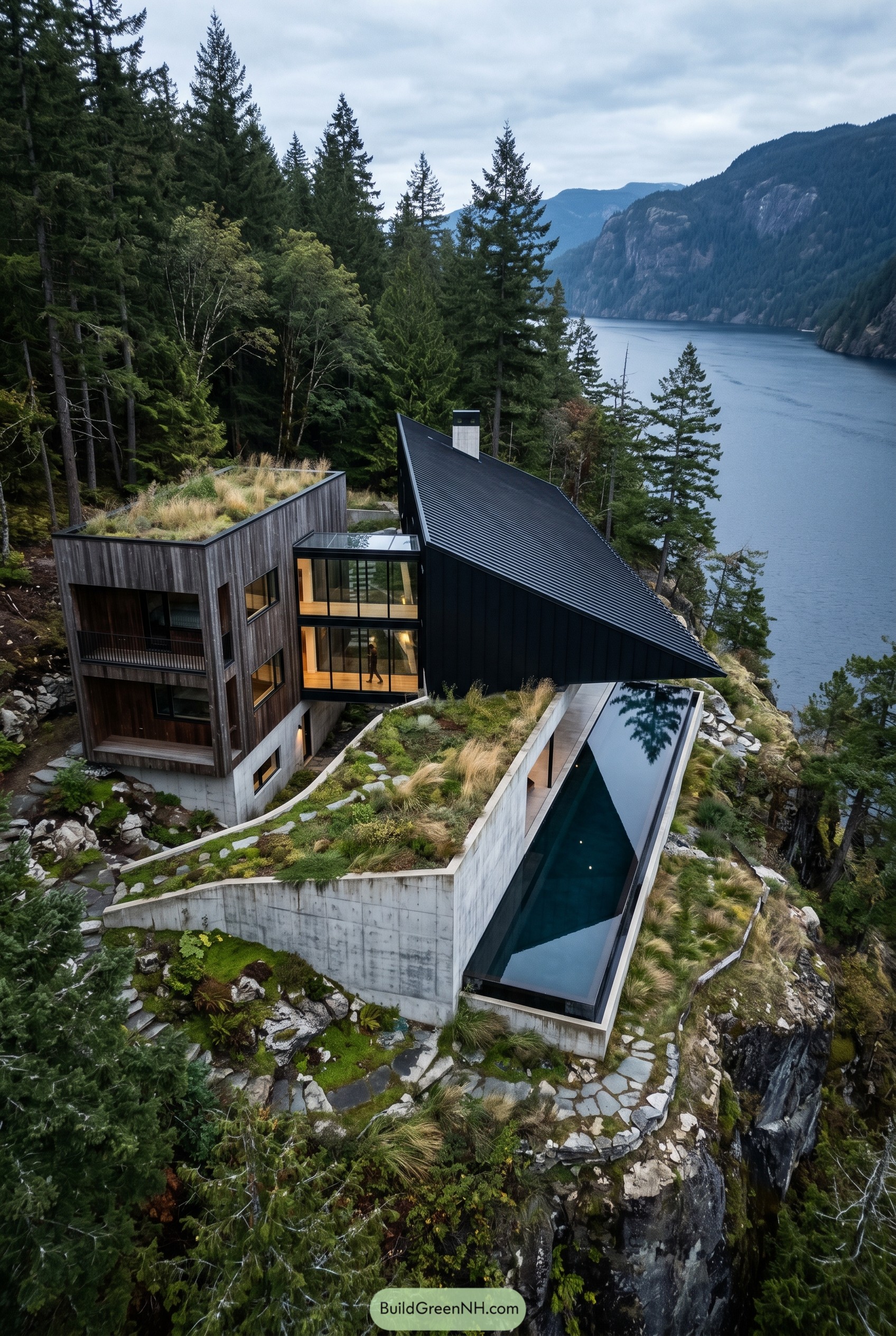 Modern cliffside house with green roofs and pool