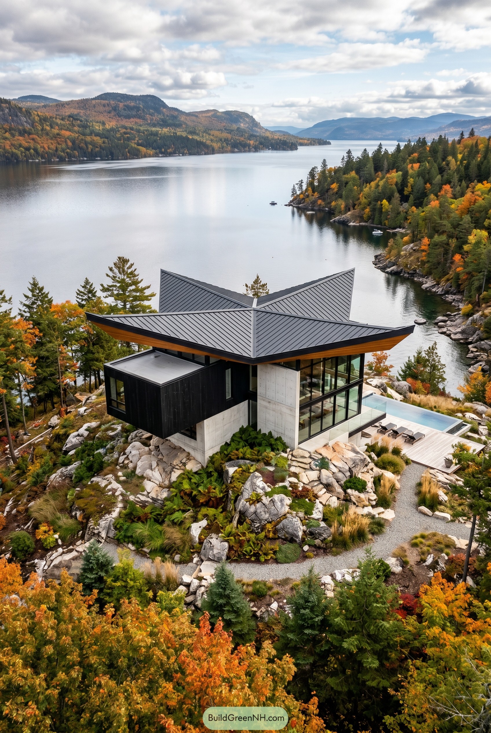 Modern lakeside house with folded metal roof