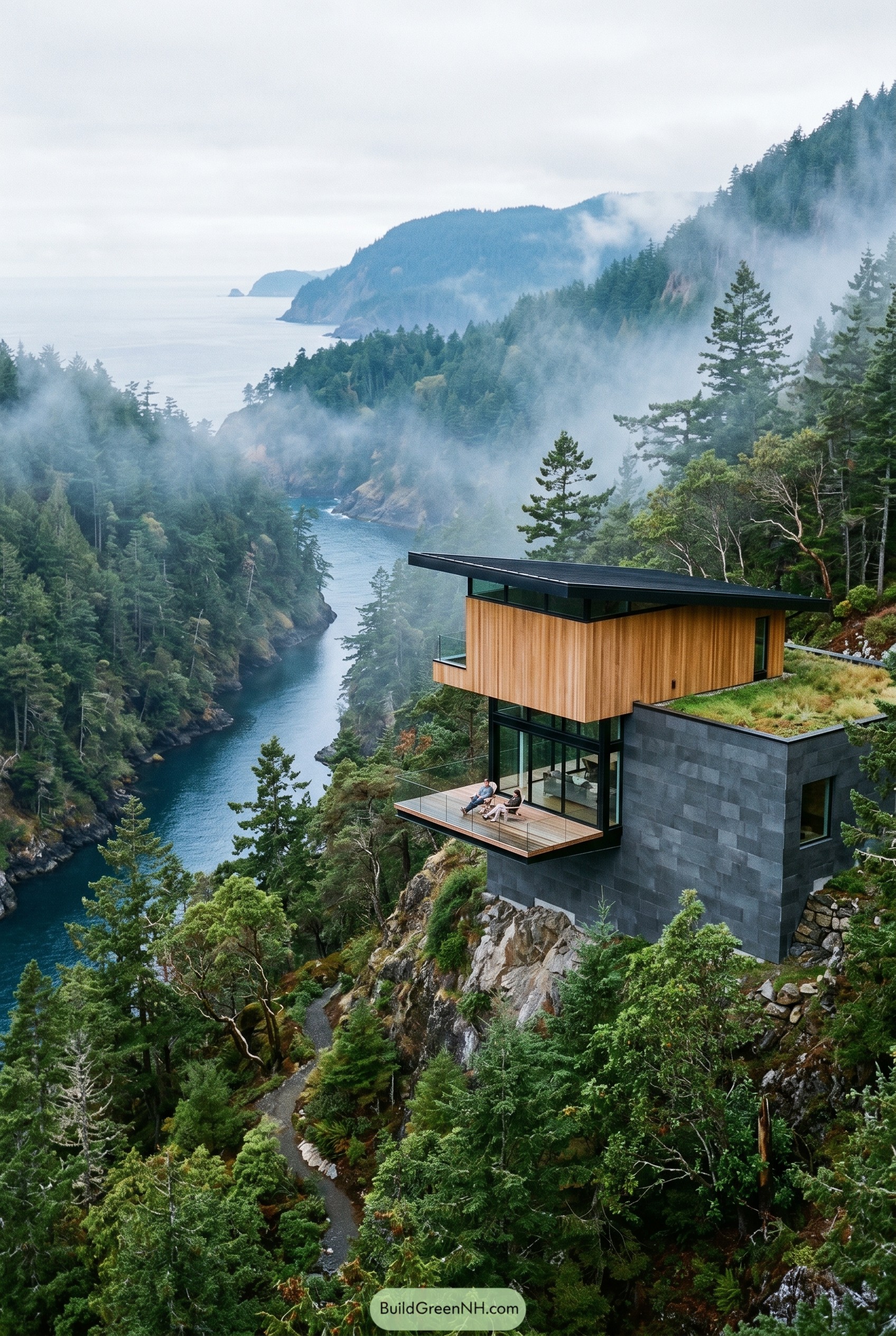 Modern cliff house above a foggy forested inlet