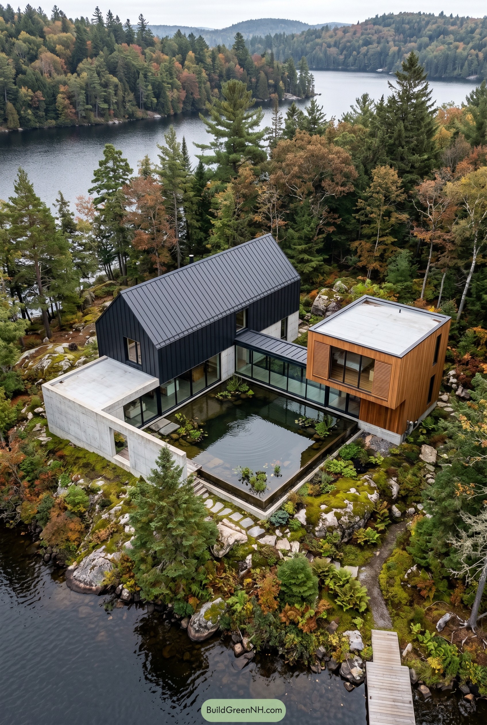 Modern lake house with black metal wood and concrete volumes