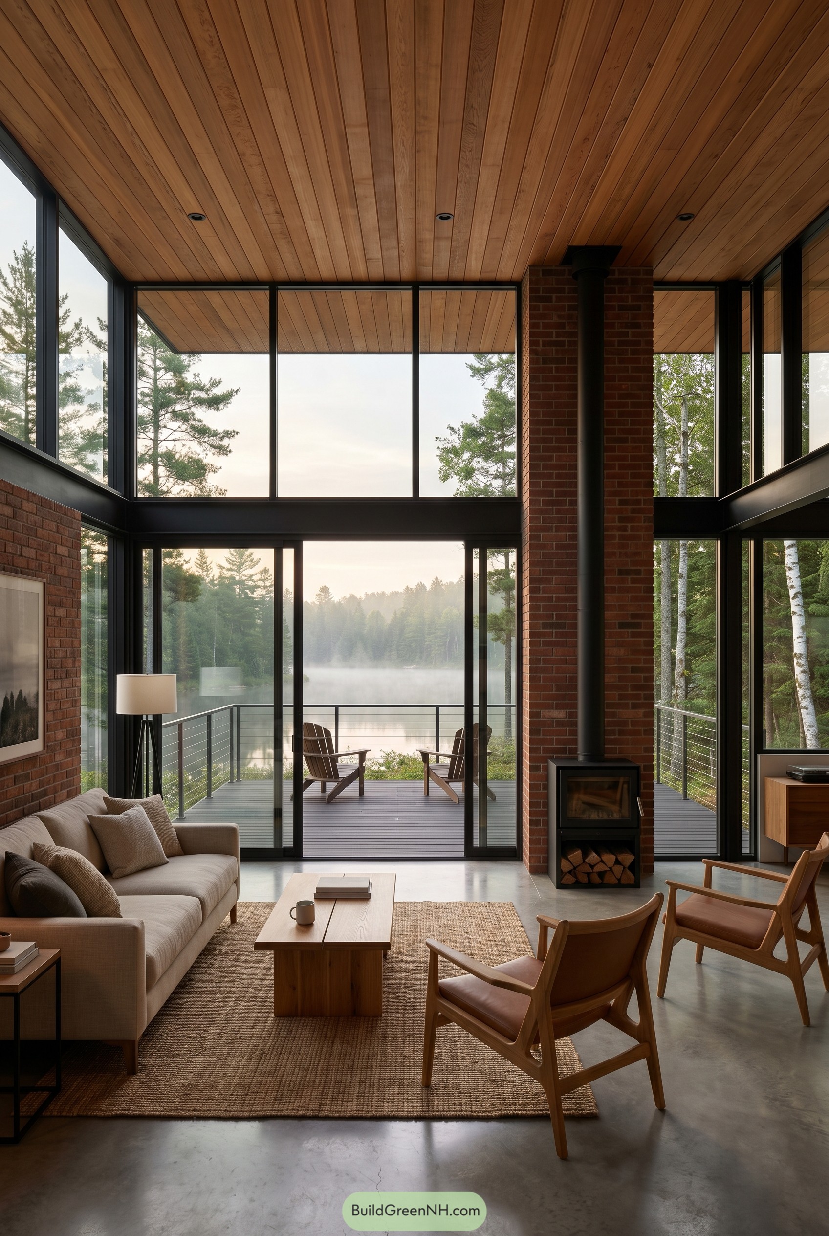 Modern glass living room overlooking a misty lake