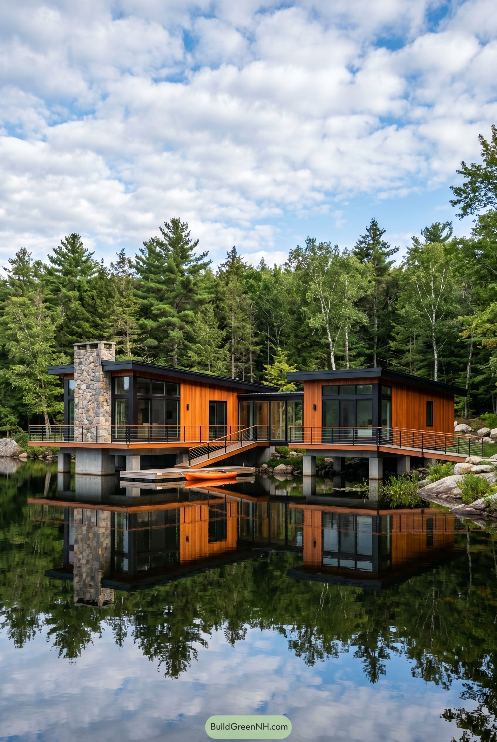 Modern cedar lakeside home on piers