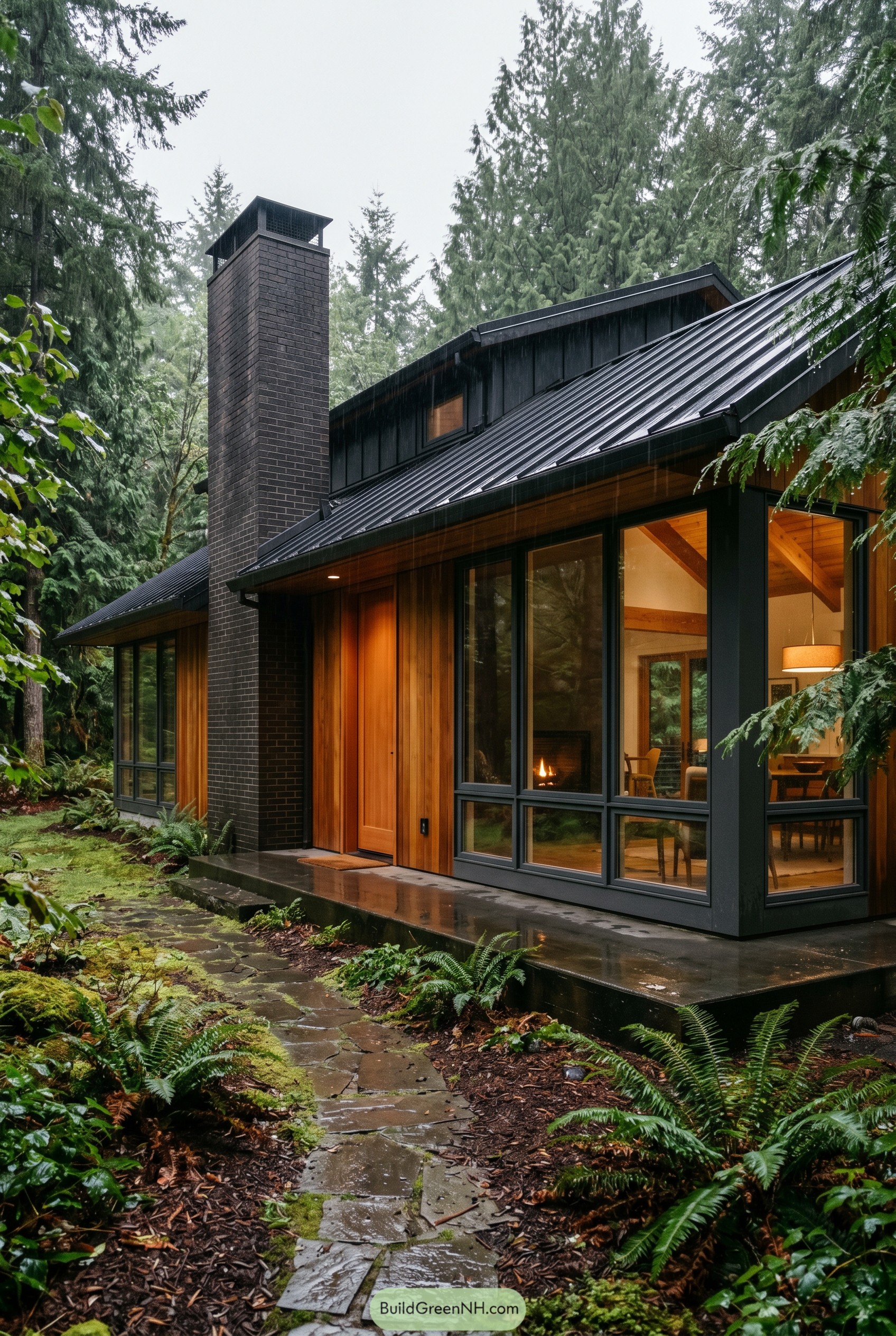 Modern cedar forest home with black roof