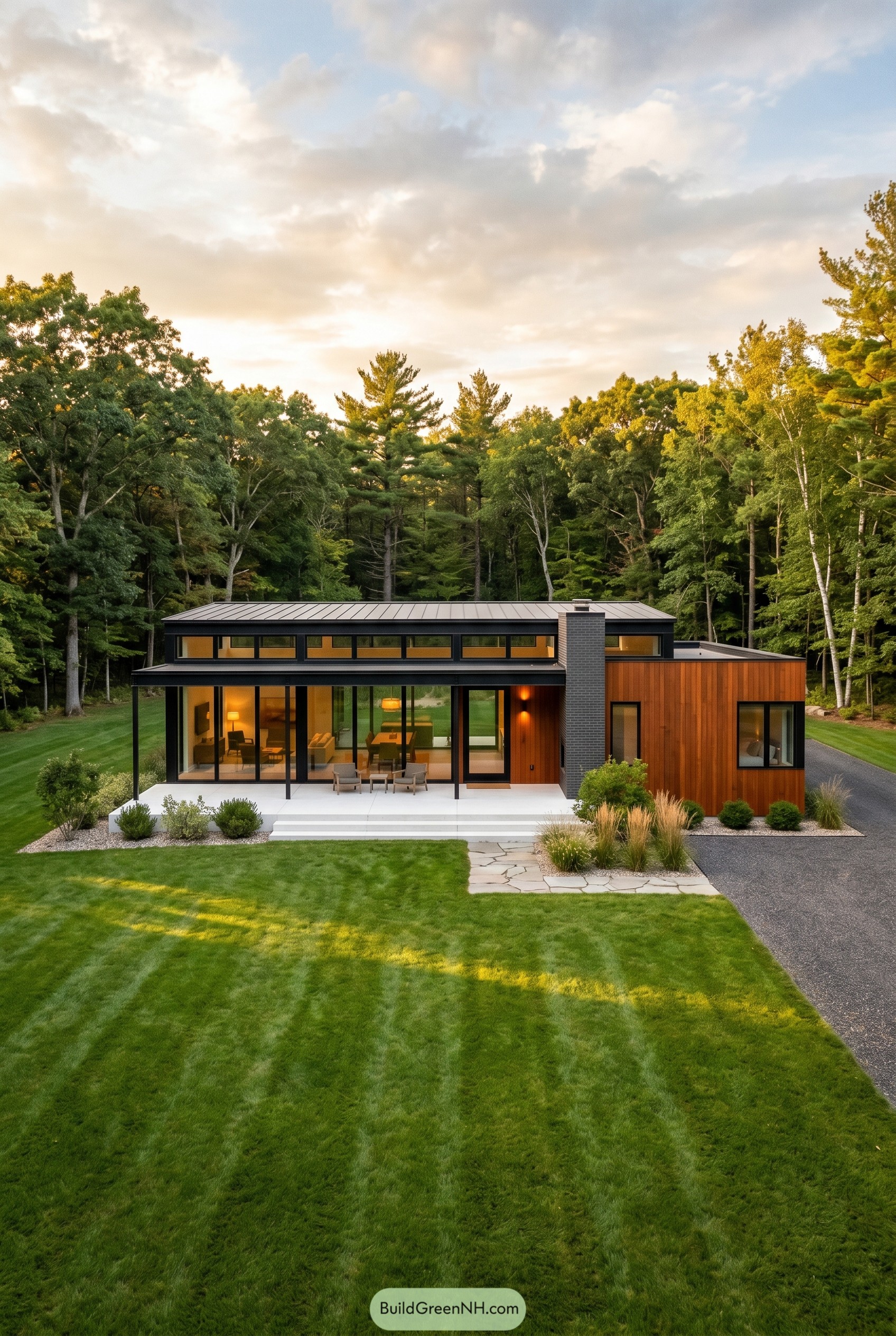 Modern glass and cedar house in woods