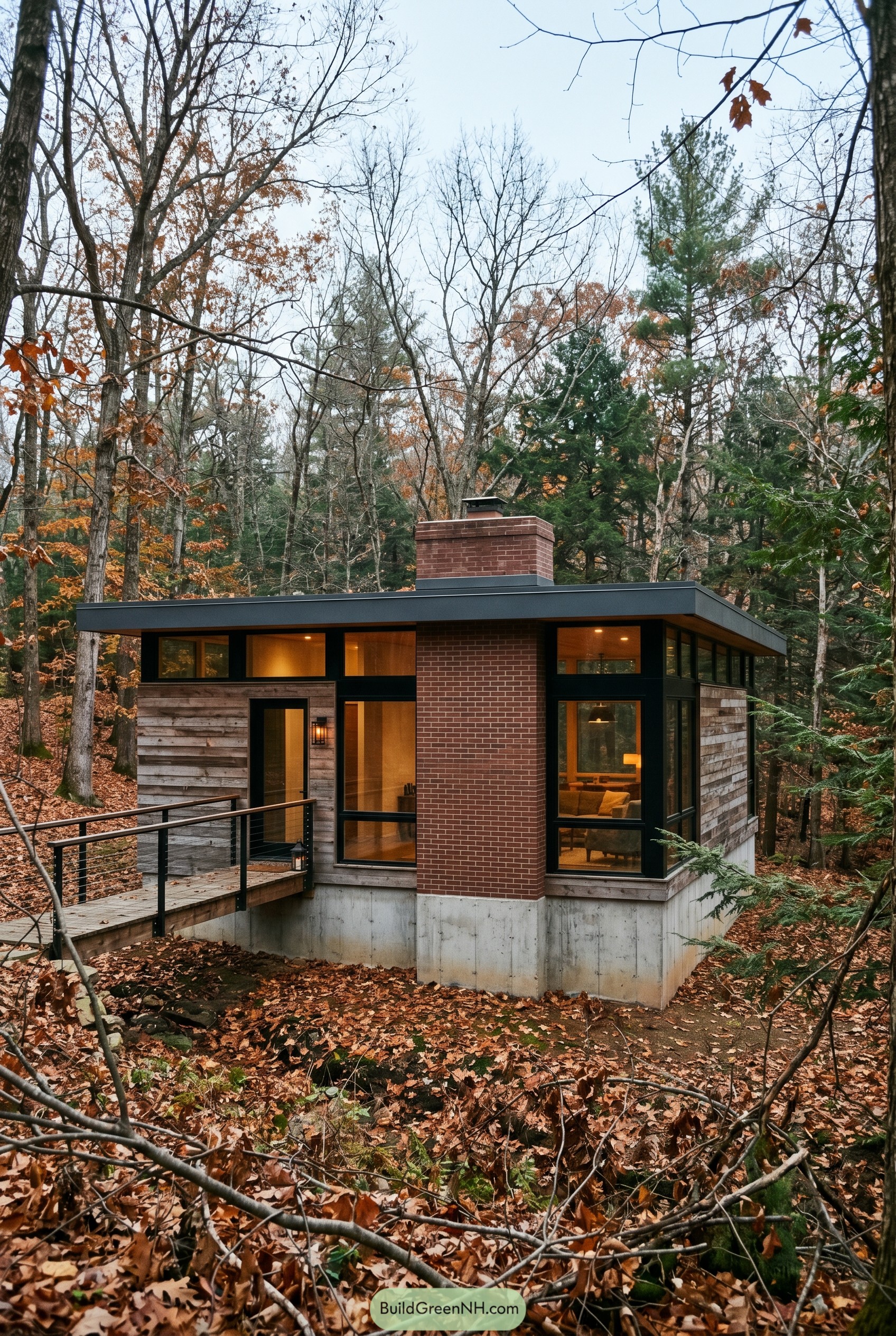 Flat roof forest home with brick chimney