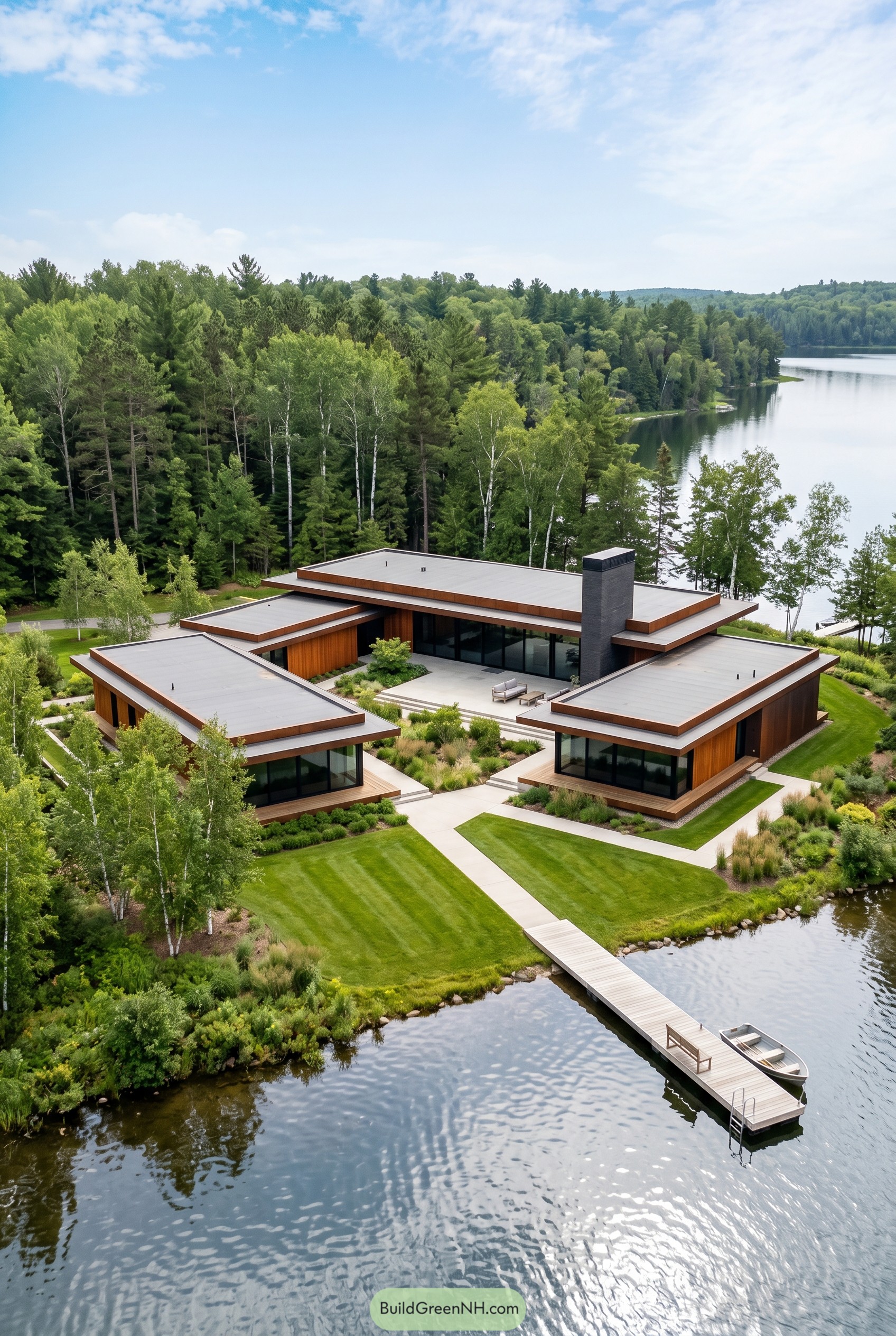 Modern lakeside home with flat roofs and dock