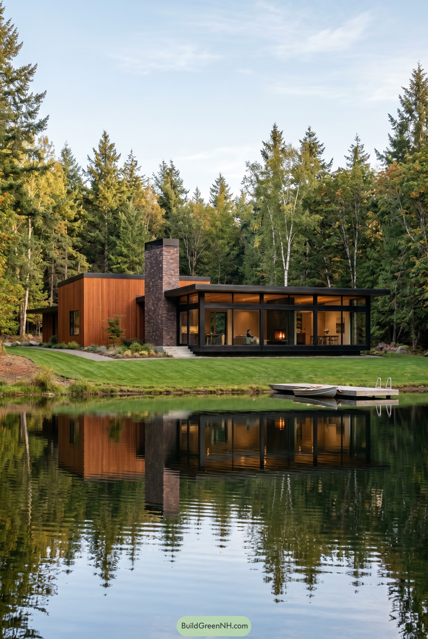 Modern lakeside home with wood glass and brick volumes