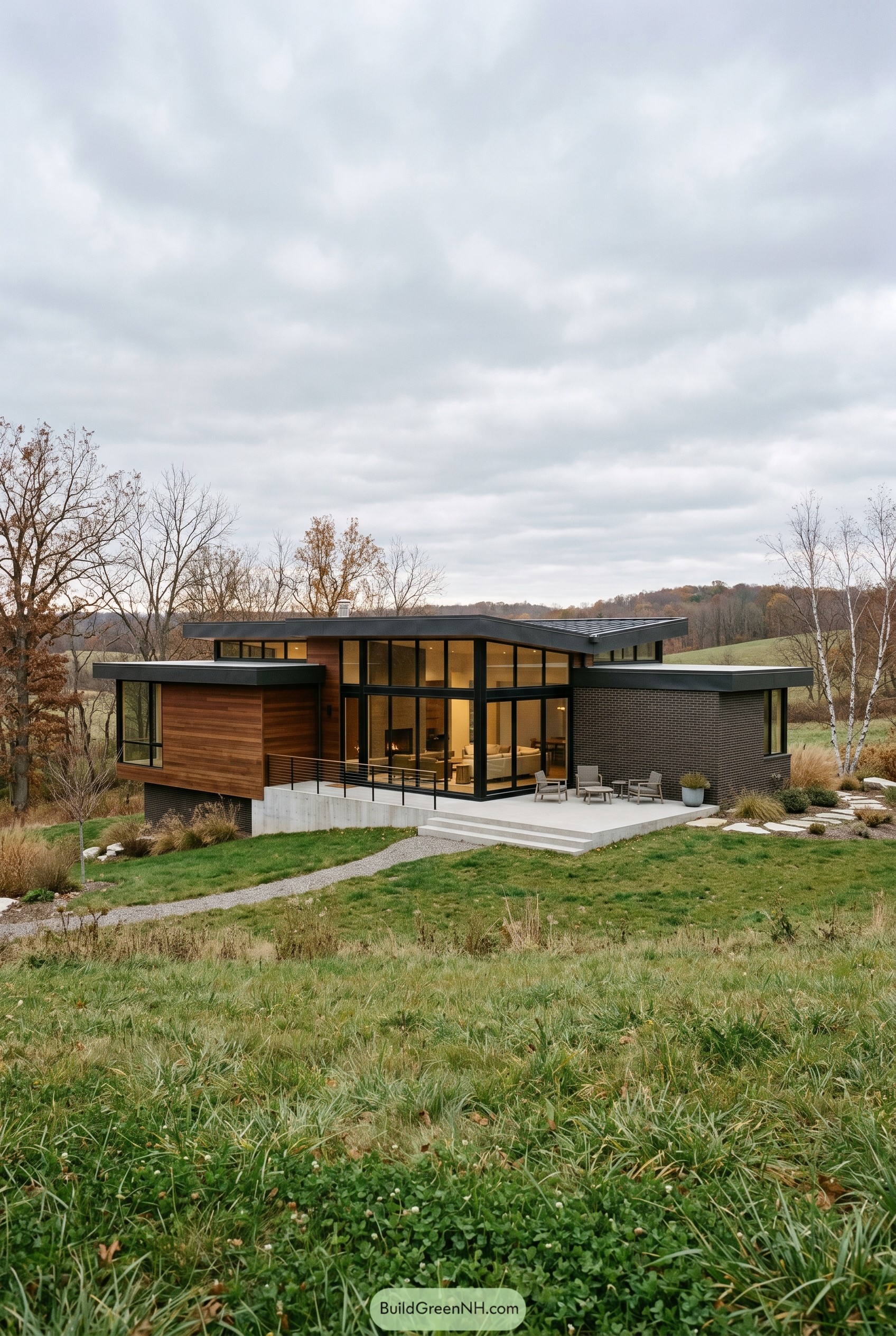 Modern hillside house with wood brick and glass