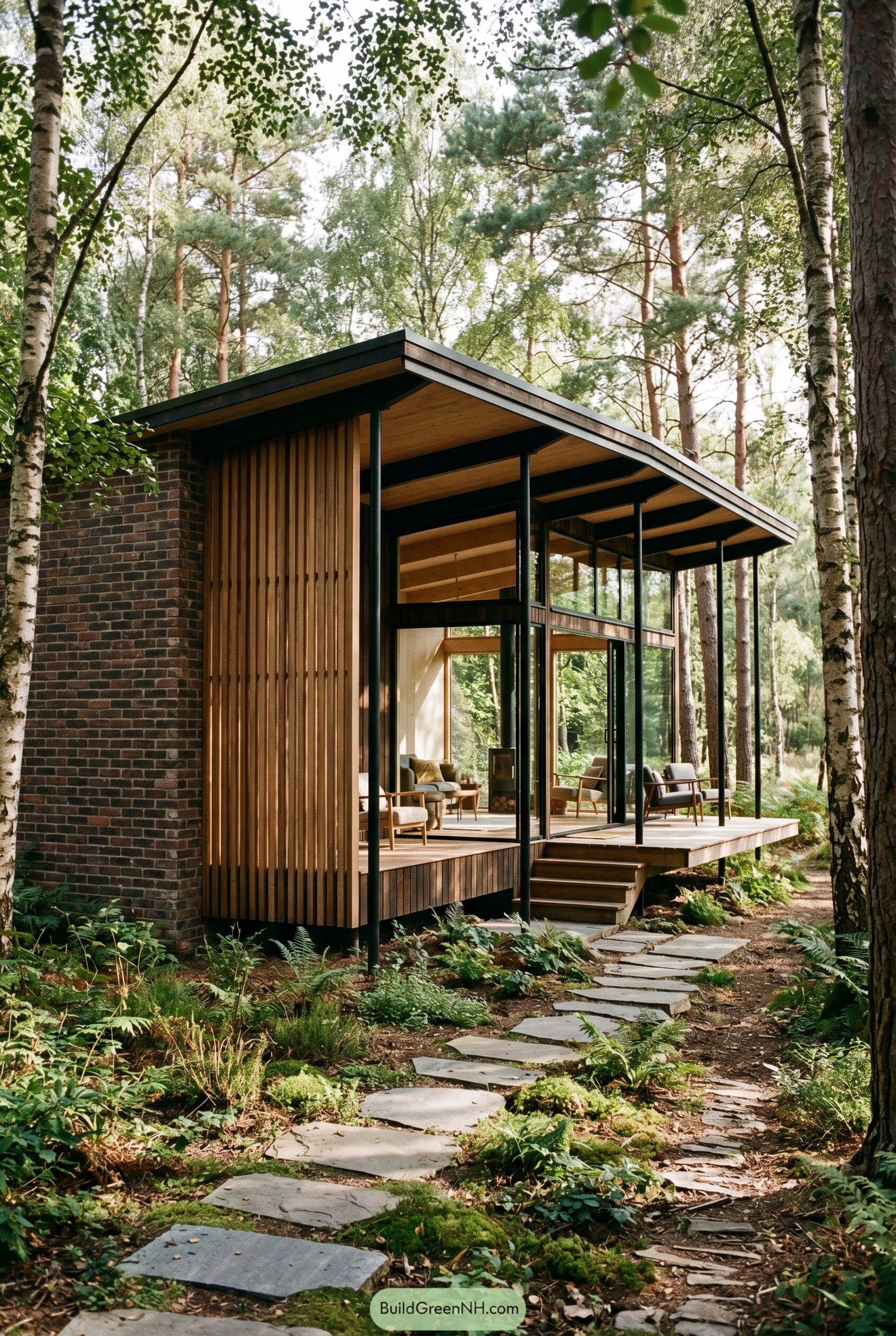 Modern timber and glass cabin in a forest