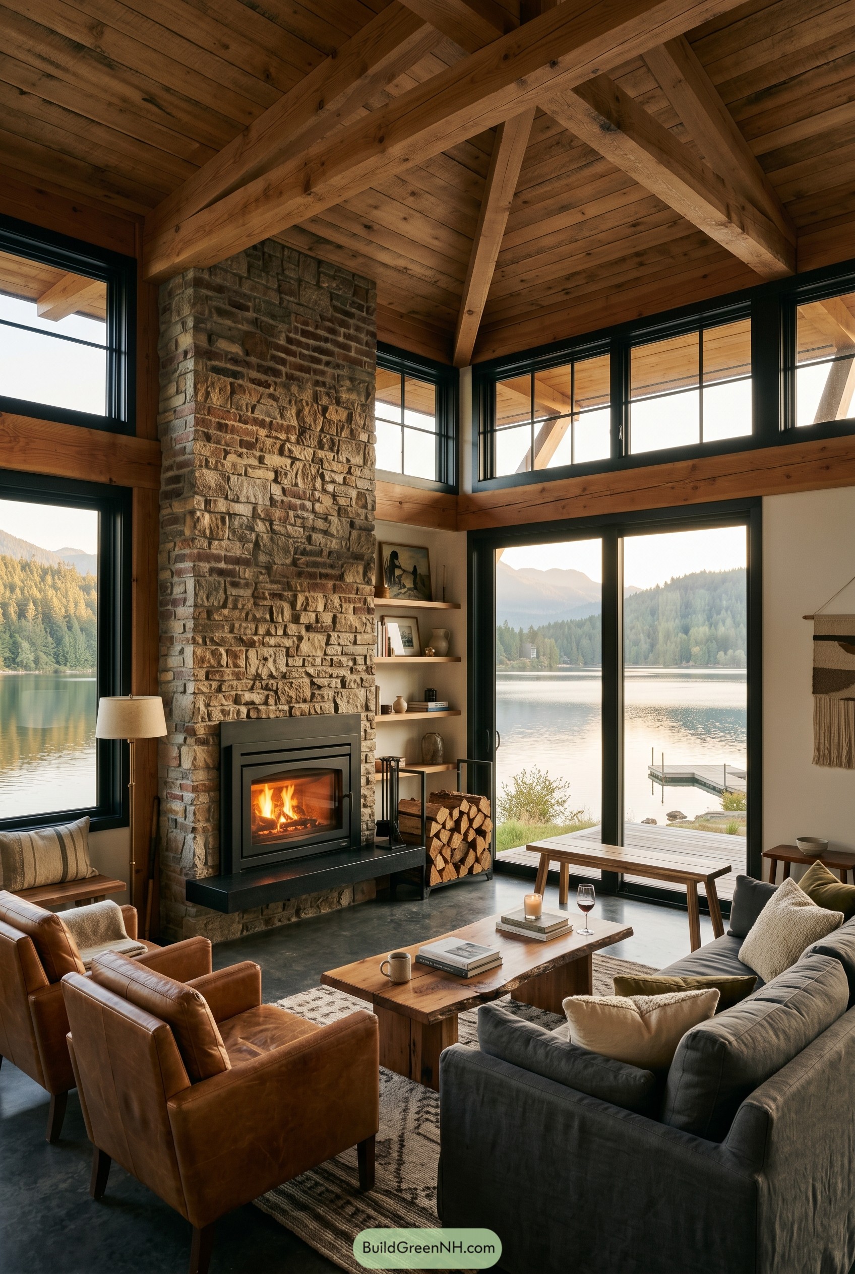 Lakefront living room with wood trusses and stone fireplace