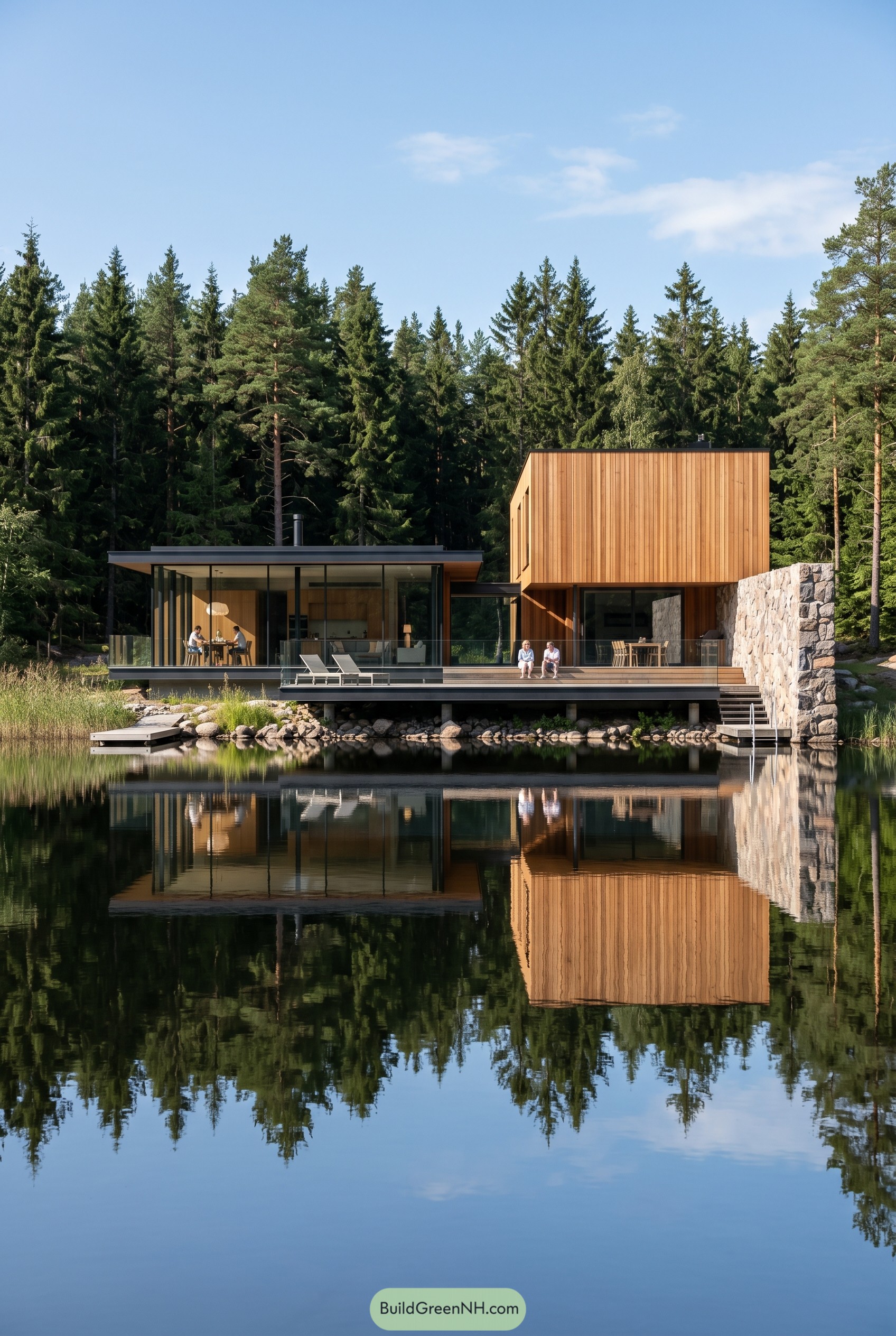 Modern wood and glass lakeside house reflected in still water