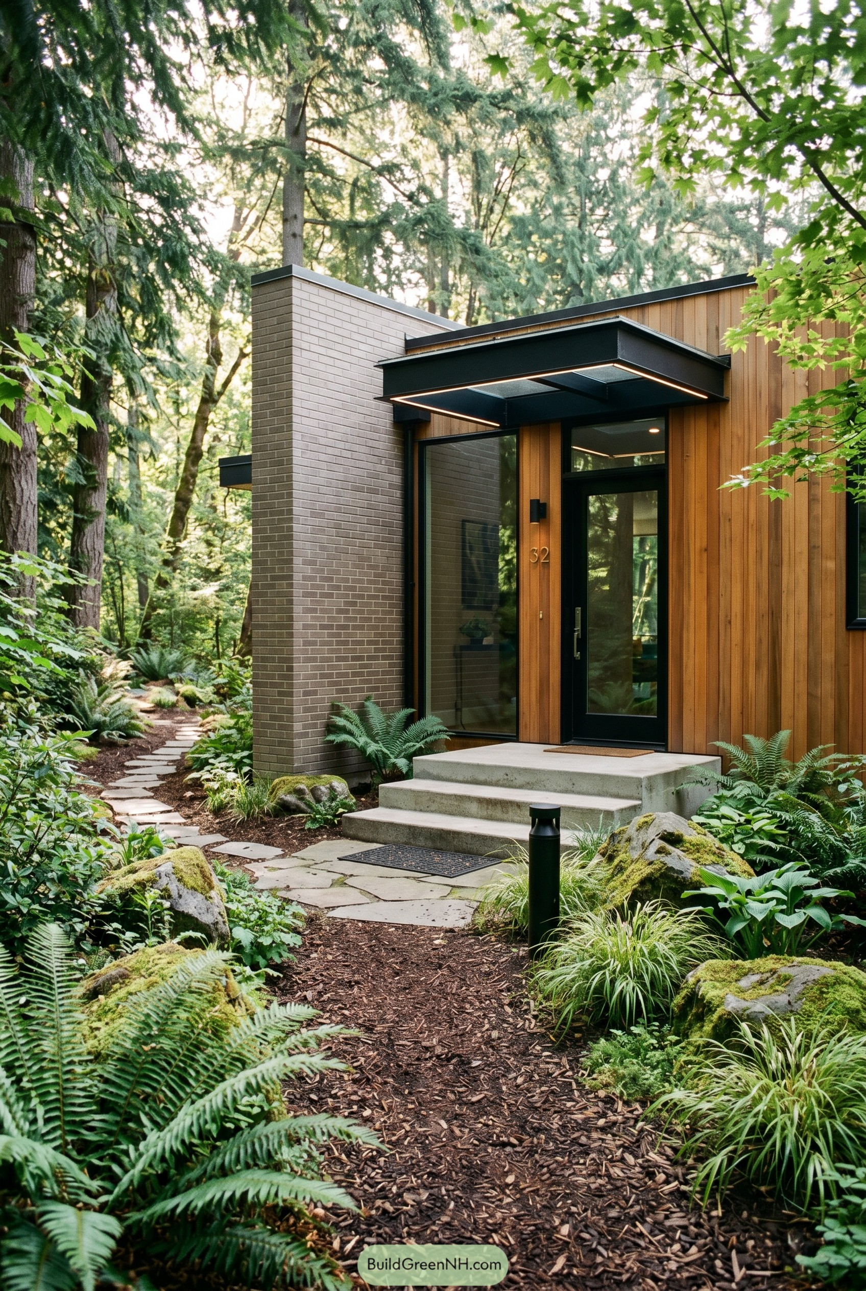 Modern cedar and brick forest entry