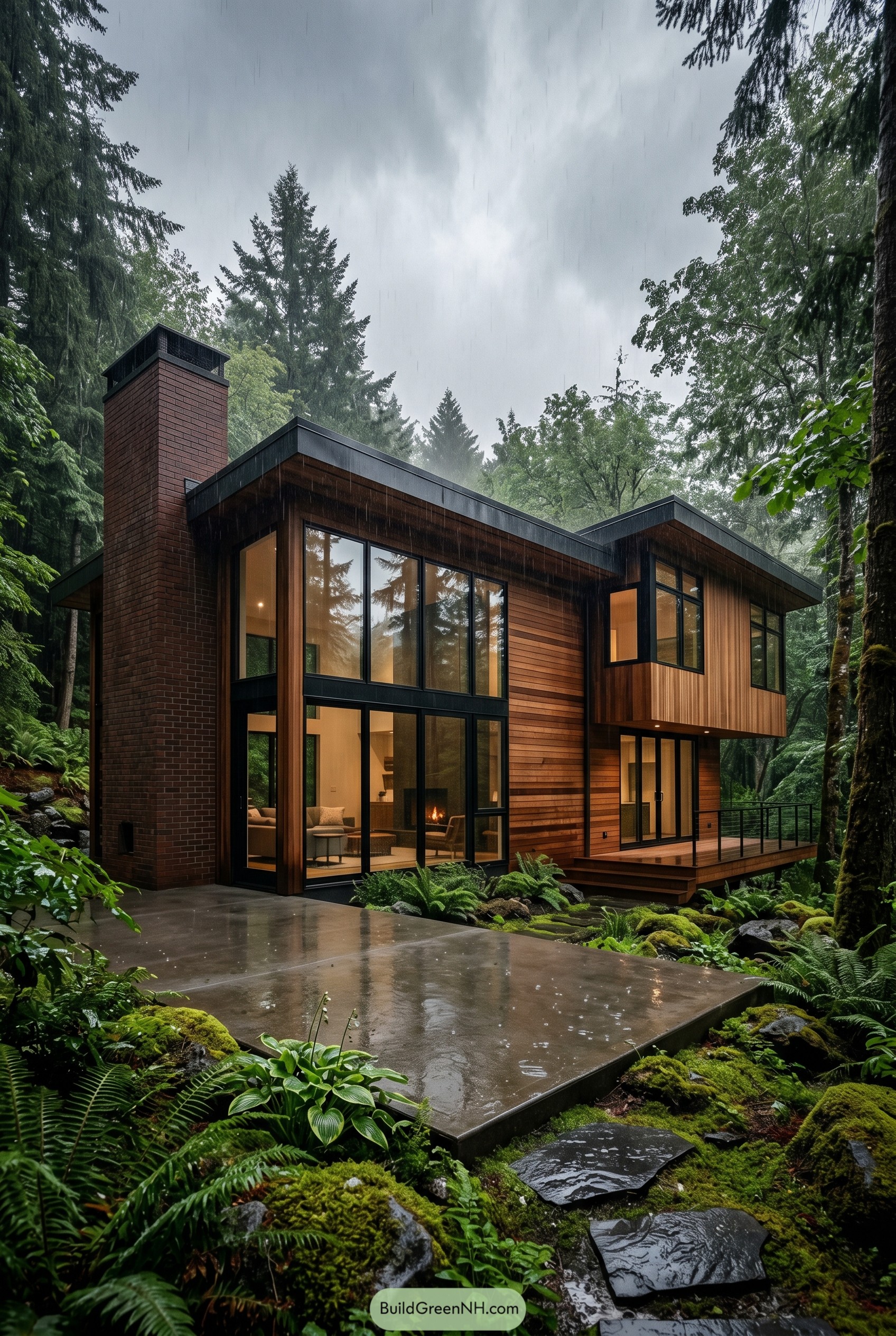 Modern cedar and glass house in rainy forest