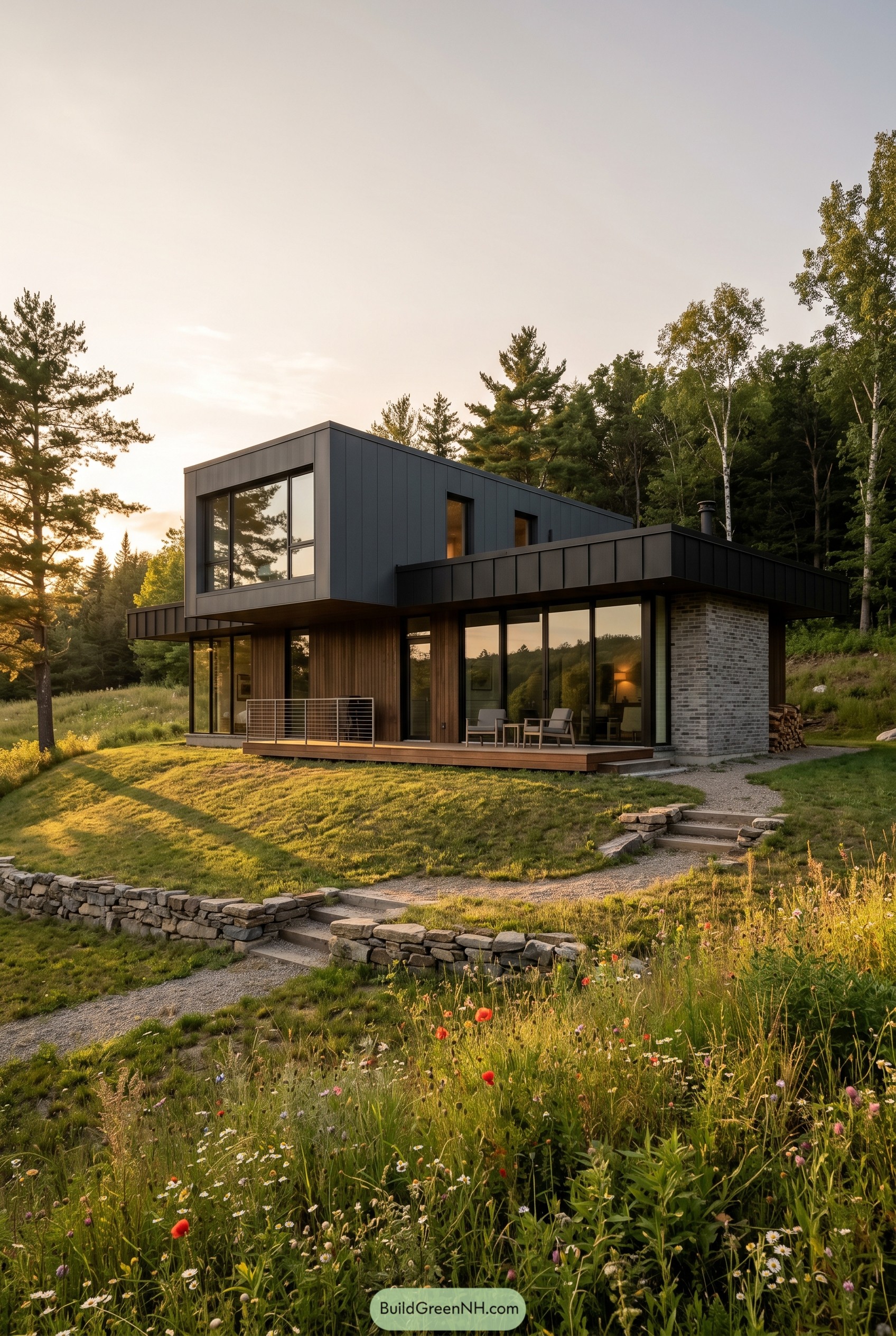 Modern forest home with glass walls and meadow