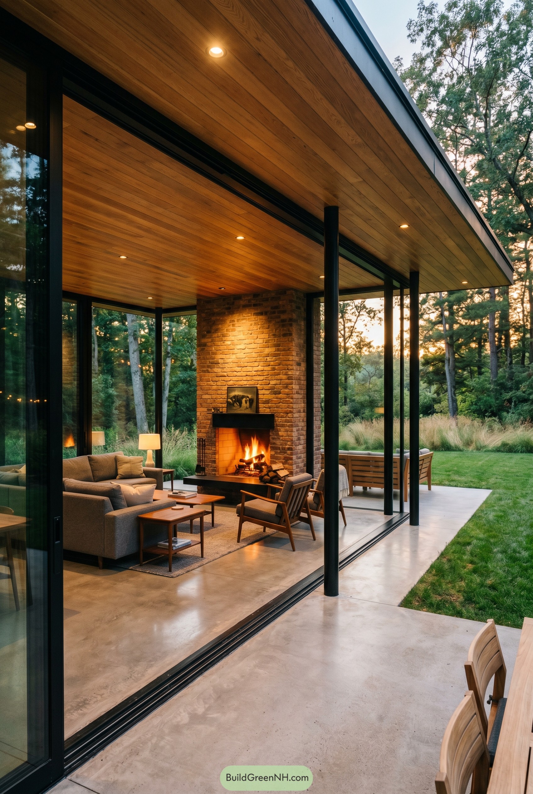 Glass walled patio lounge with brick fireplace