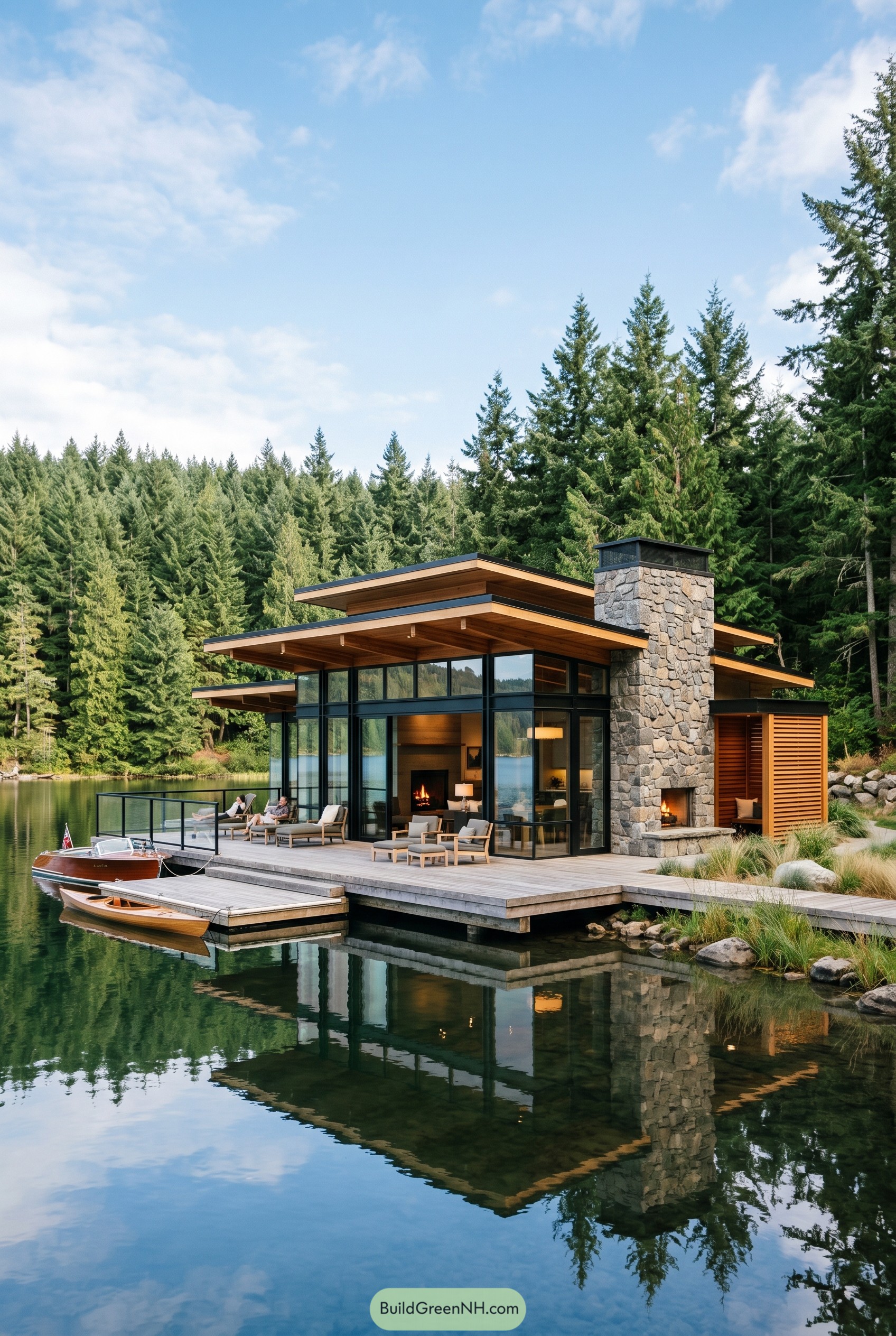 Modern lakeside home with glass walls and stone chimney