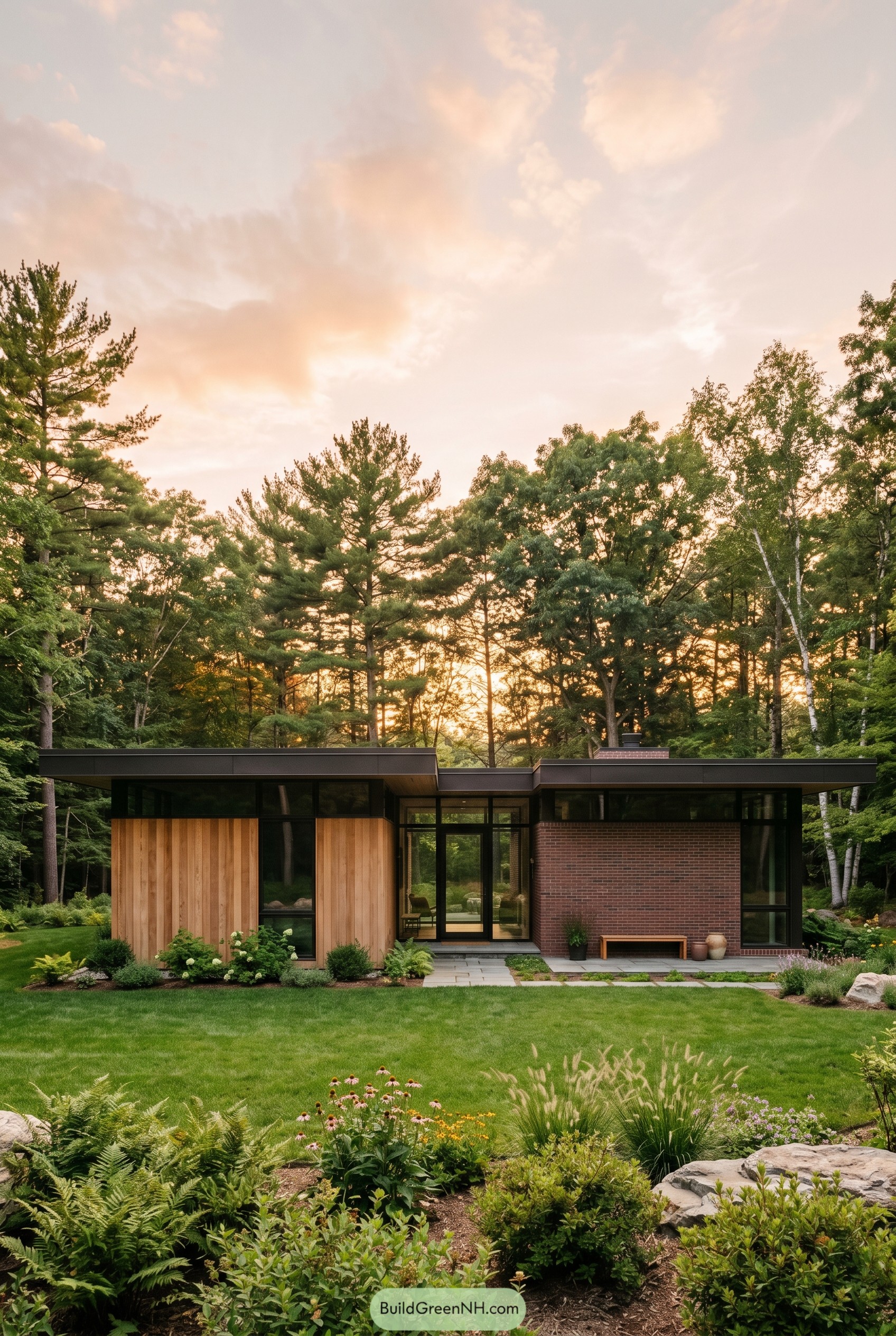 Modern wood and brick house in a forest garden
