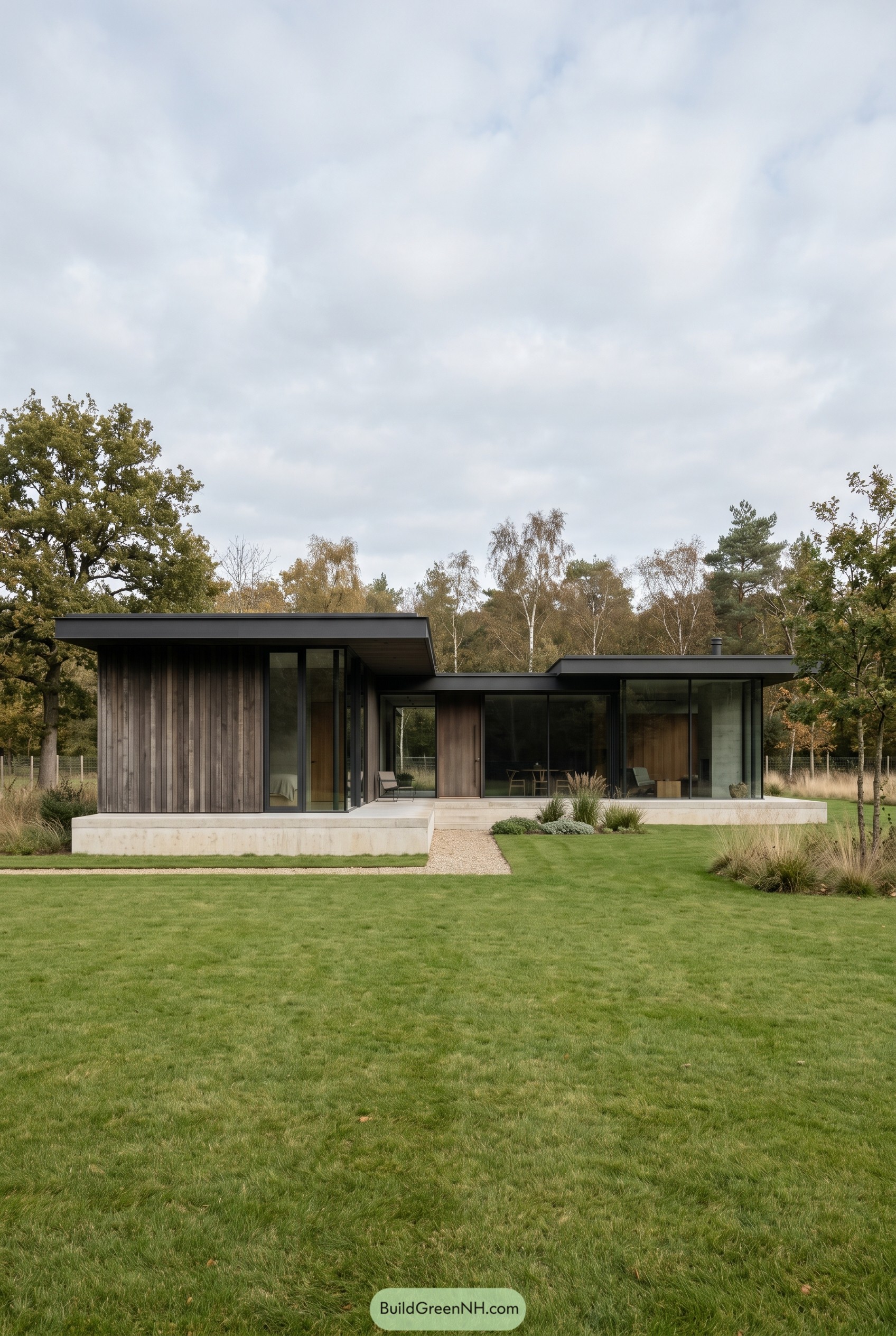 Low wood and glass home in meadow