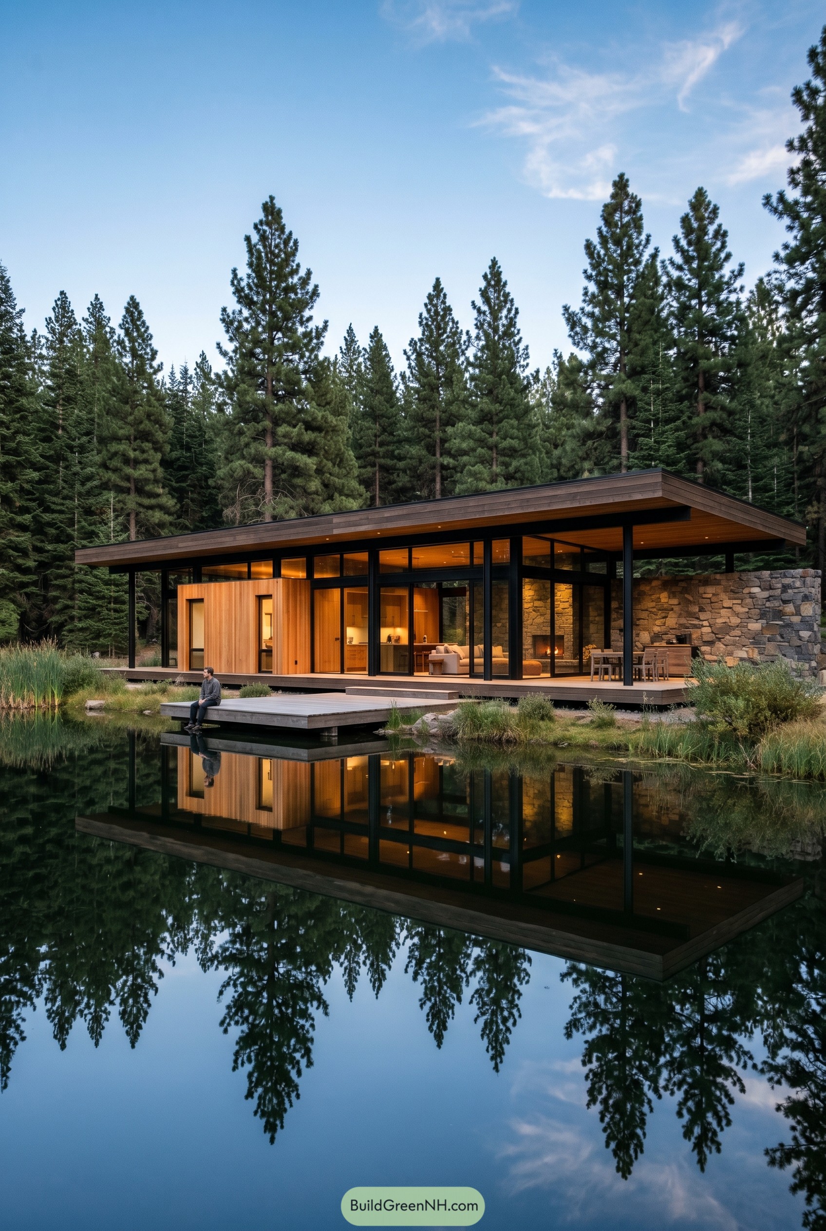 Wood and glass house beside a forest pond