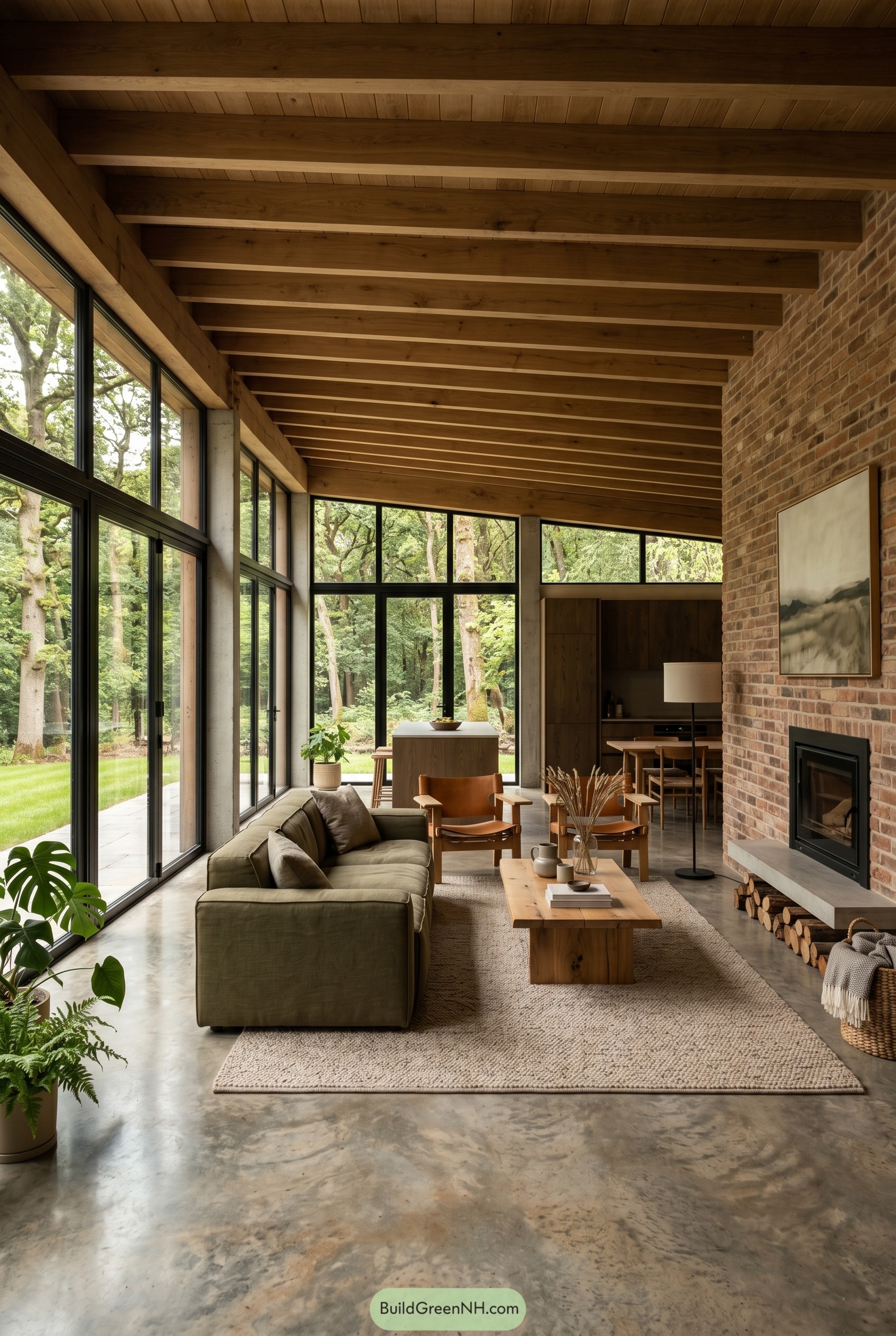 Forest living room with wood beams and glass walls