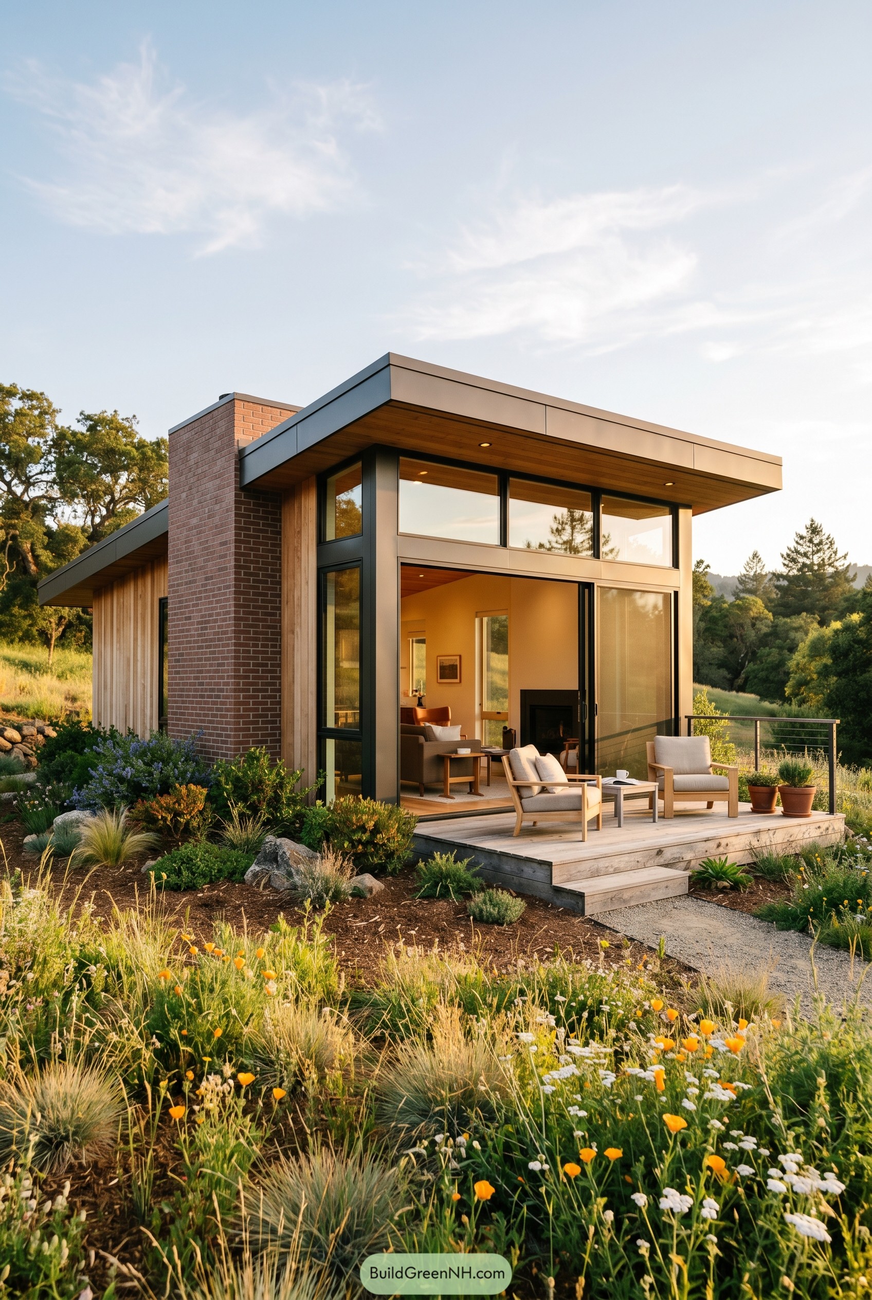Modern glass house with wood deck in meadow