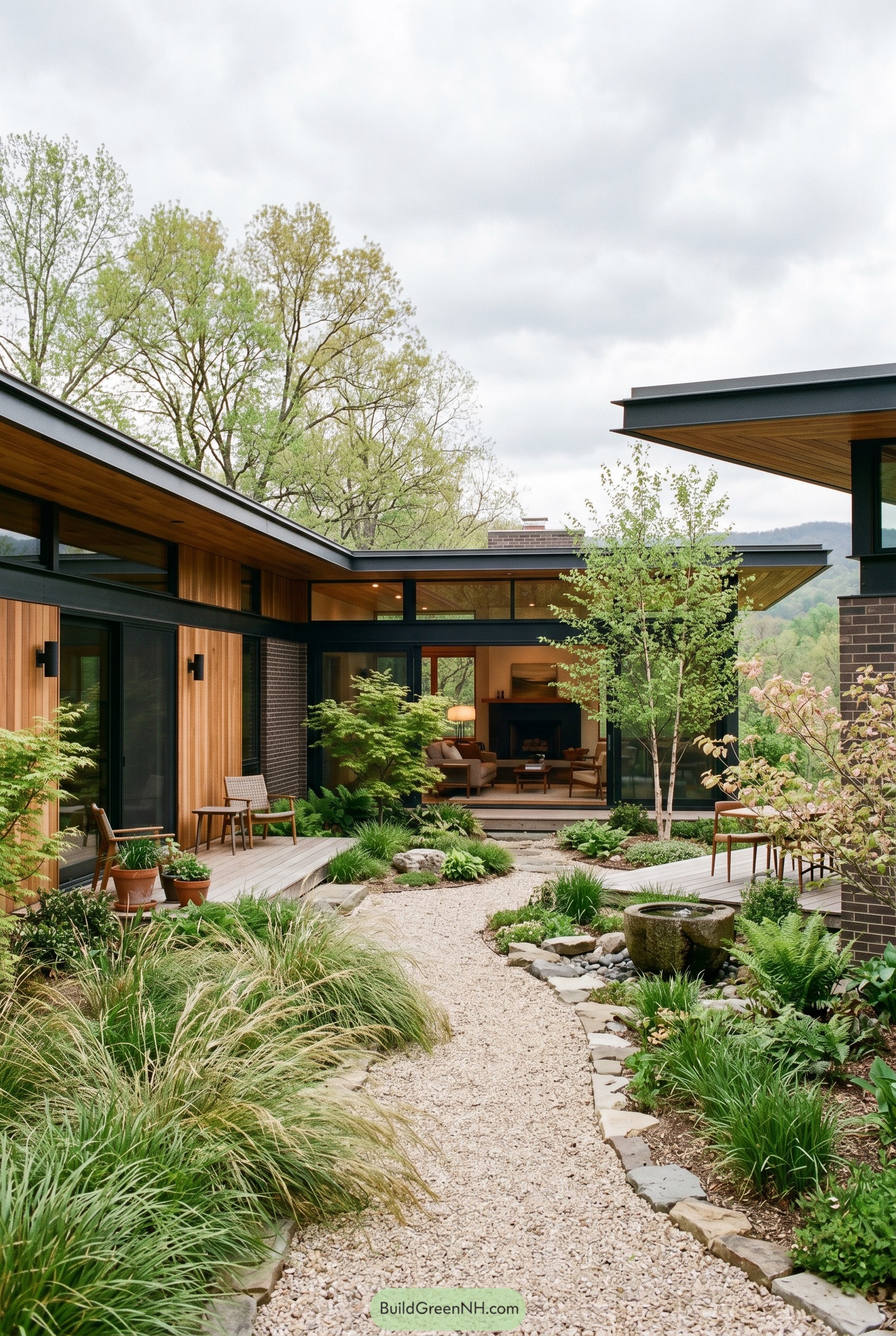 Modern wood and glass courtyard house with lush garden
